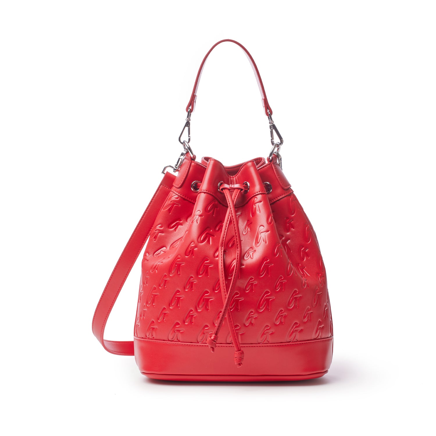 Red Monogram Bucket Bag Bundle with embossed logo pattern, drawstring closure, and adjustable shoulder strap.
