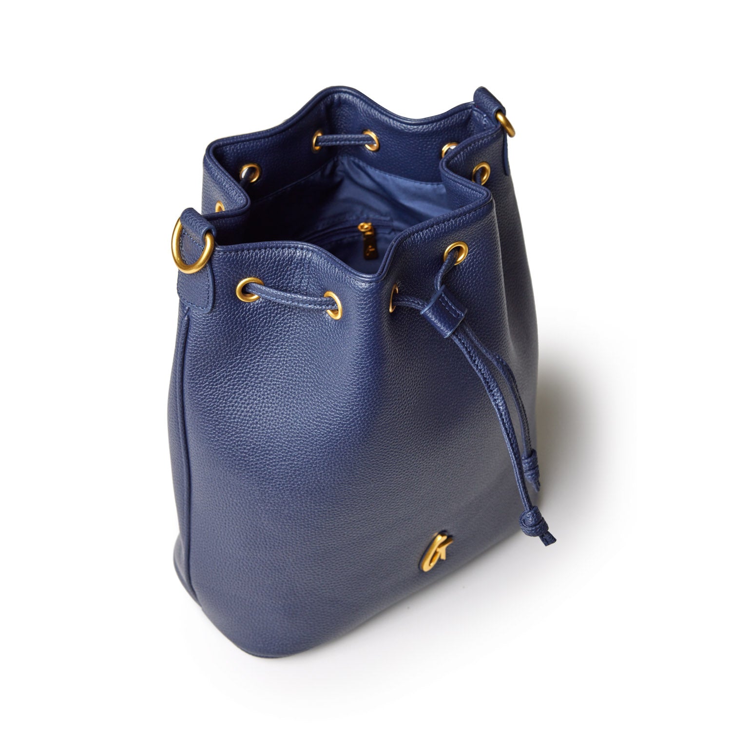 Large navy pebble bucket bag with gold hardware, drawstring closure, and interior pocket, stylish and spacious for everyday use.