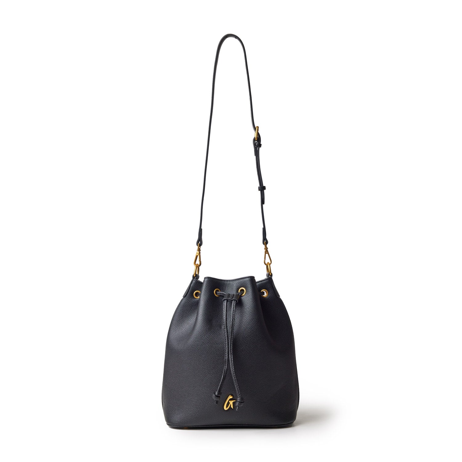 Black pebble bucket bag with a drawstring closure, gold accents, and an adjustable shoulder strap.