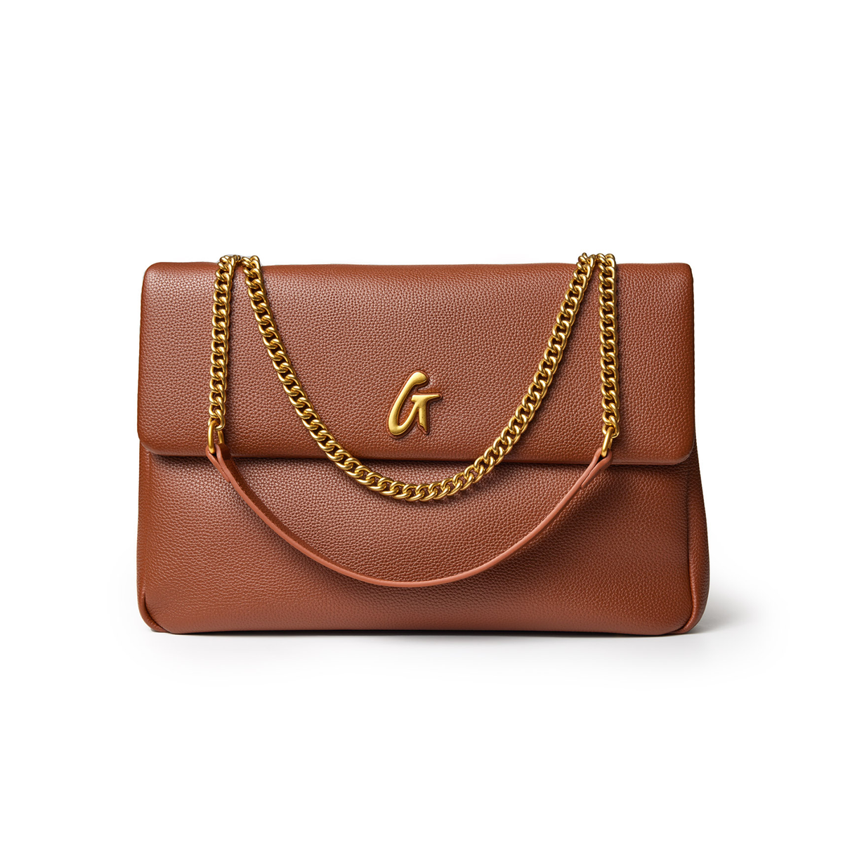 Large brown pebble flap bag with gold chain strap and a gold "G" logo on the front.
