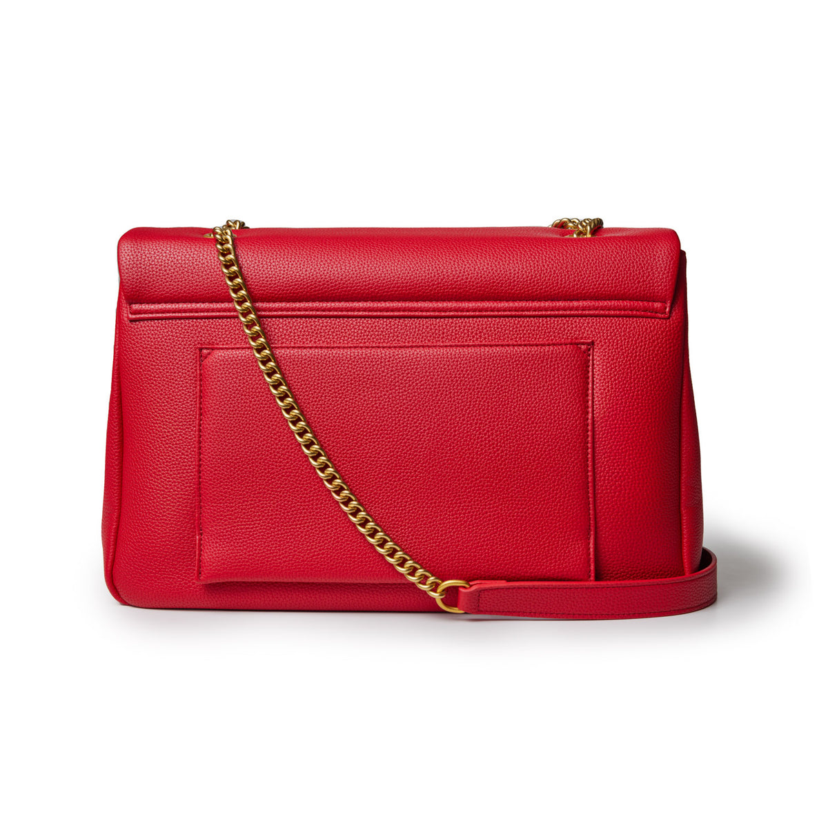 Red large pebble flap bag with a gold chain strap and front pocket, made of textured leather.