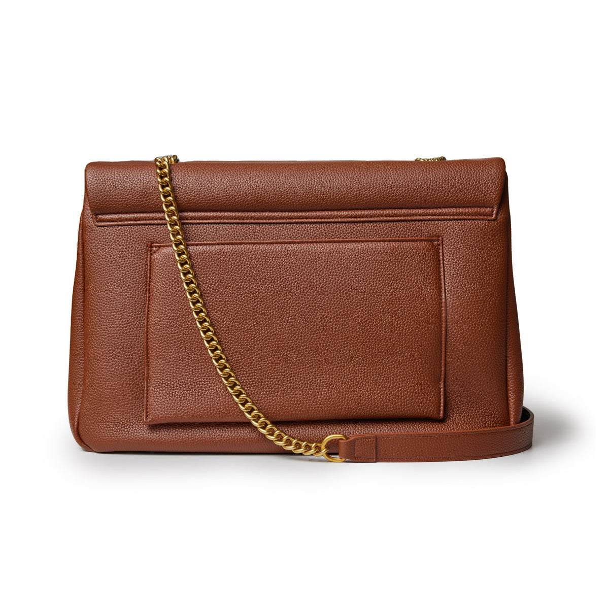 Large brown pebble leather flap bag with a front pocket and gold chain strap.