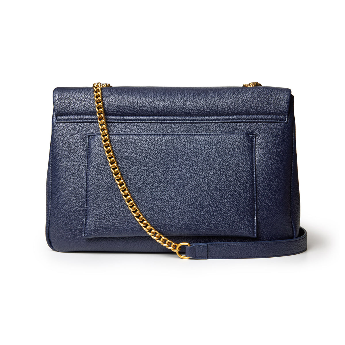 Large navy pebble leather flap bag with a gold chain strap and front pocket, stylish and spacious accessory.