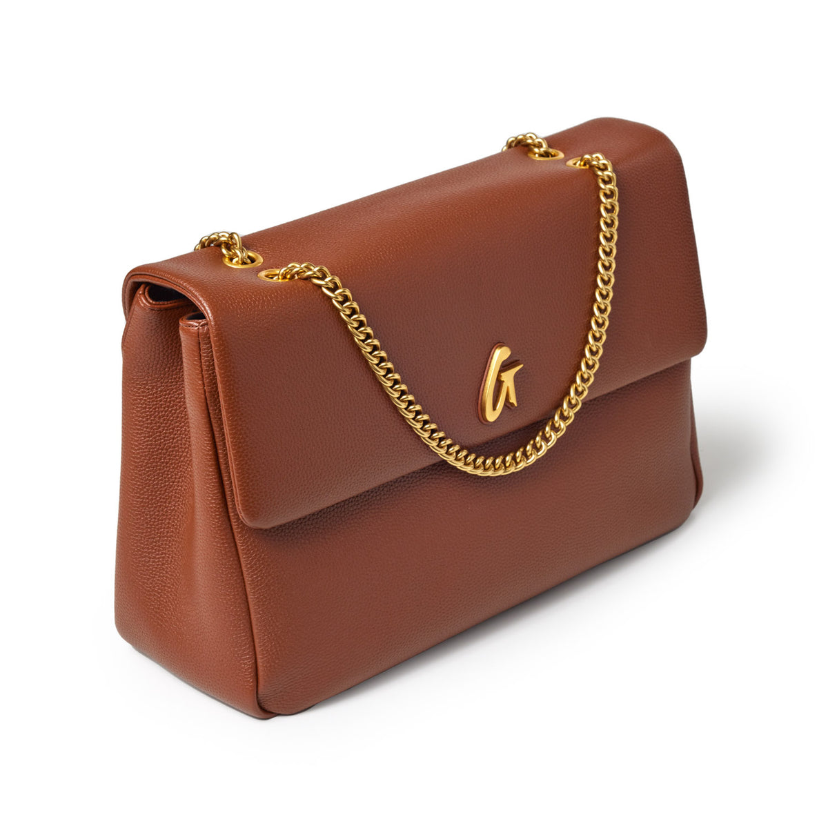 Large brown pebble flap bag with a gold chain strap and a gold "a" logo on the front.