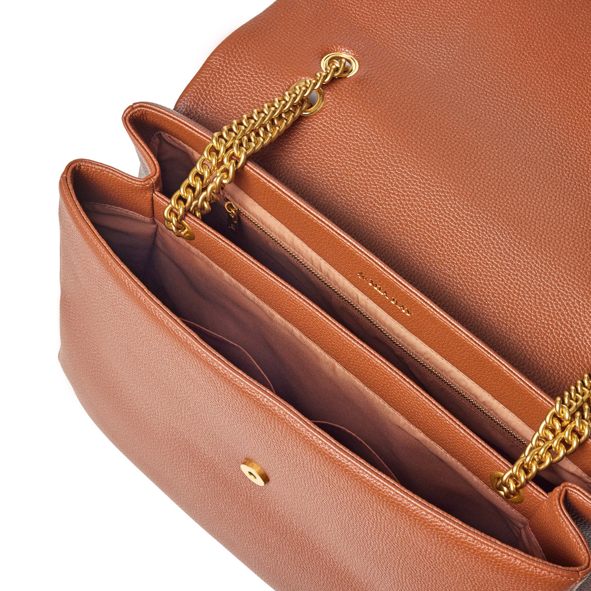 Large brown pebble flap bag with gold chain strap, interior compartments, and zippered pocket.