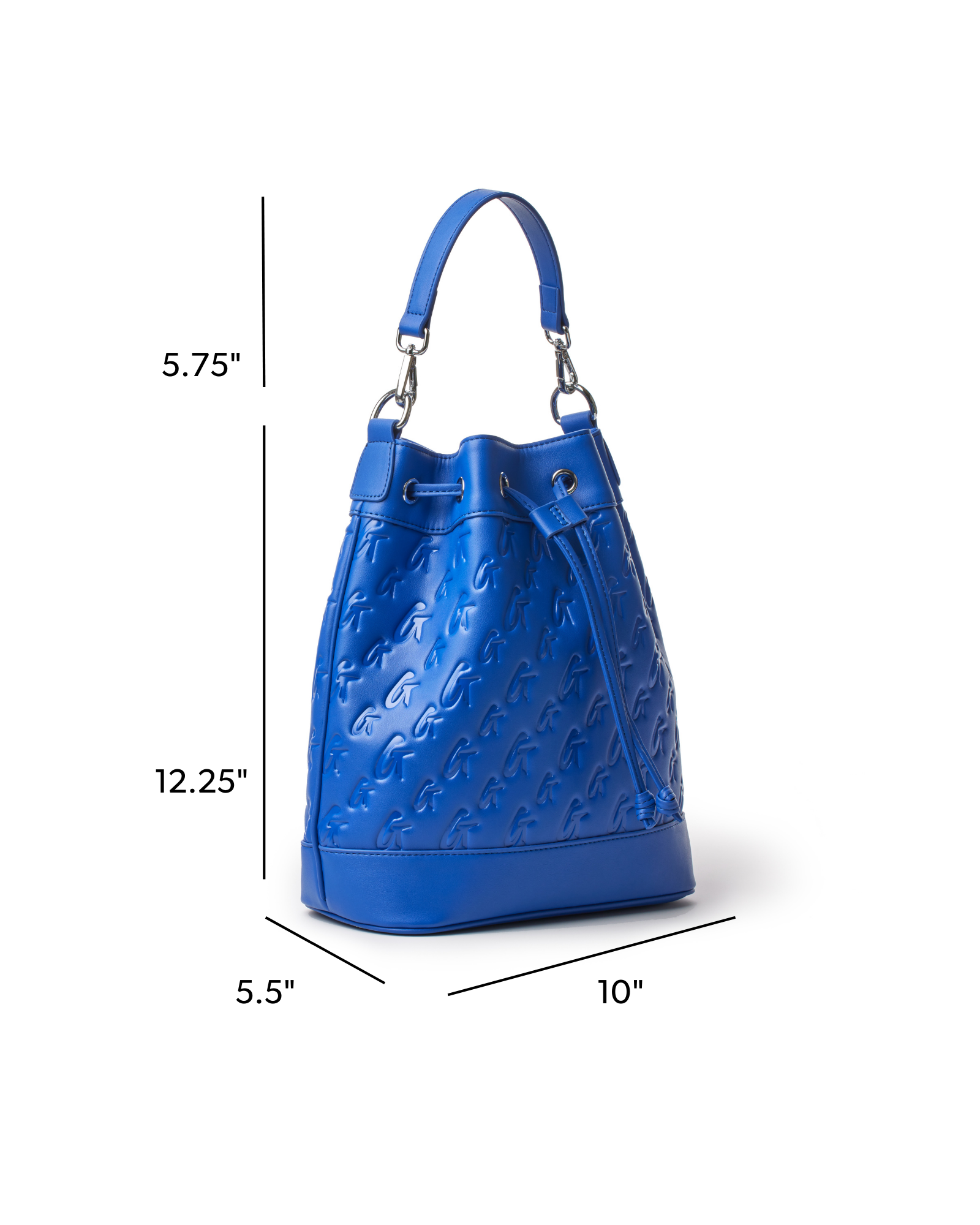 Large blue monogram bucket bag with a structured design, featuring a drawstring closure and silver hardware.