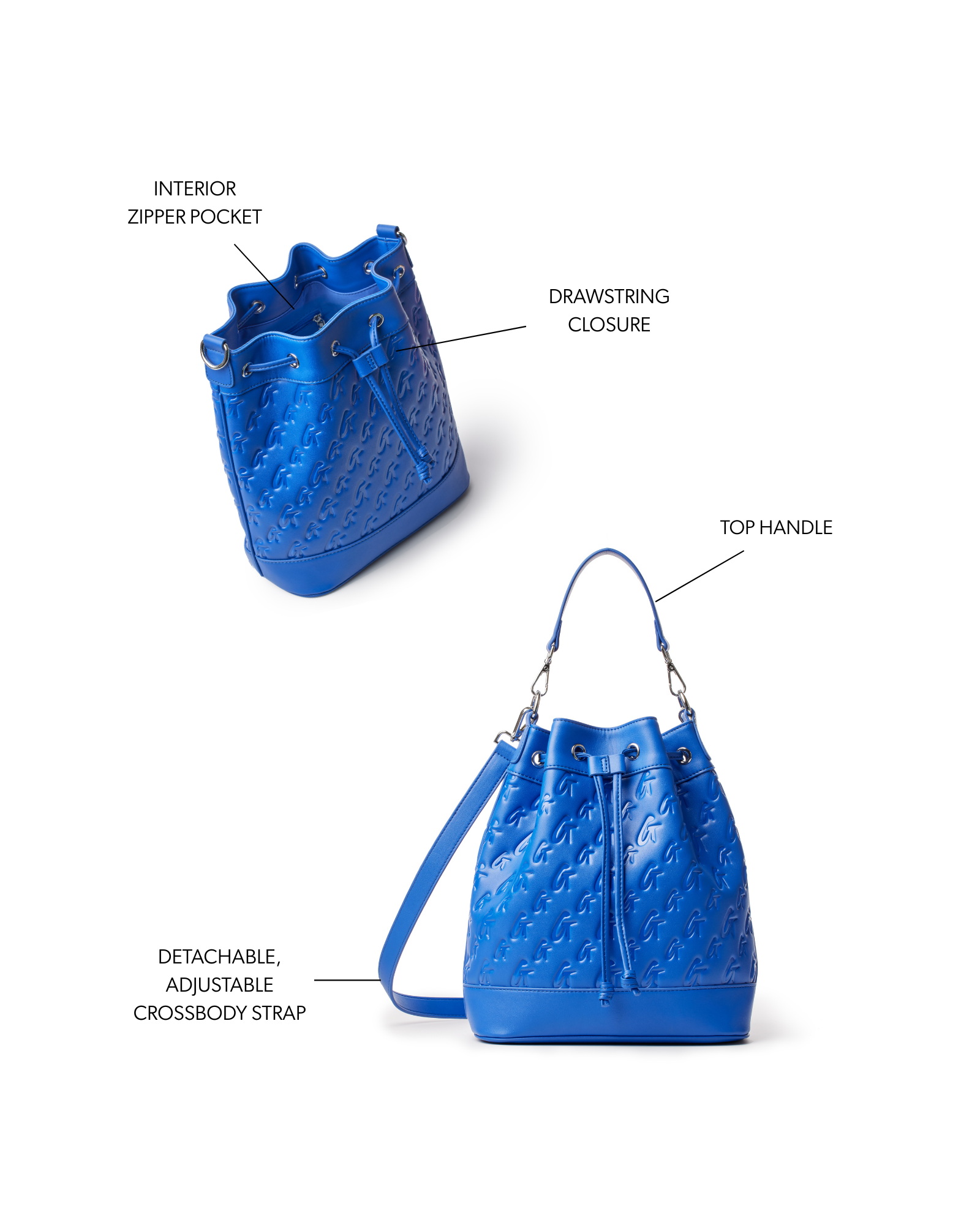Large blue monogram bucket bag featuring a drawstring closure, top handle, and detachable adjustable crossbody strap.