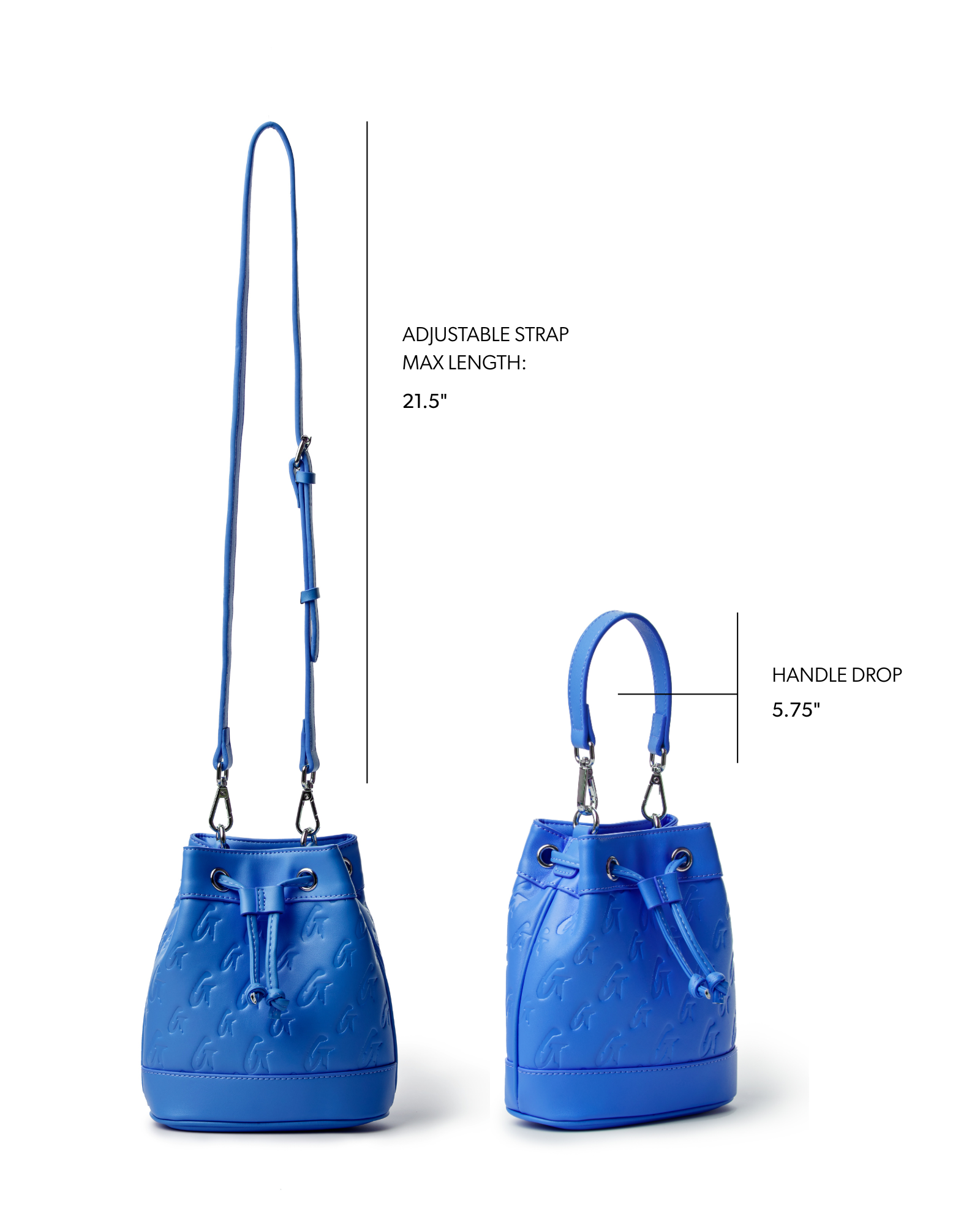Large blue monogram bucket bag with adjustable strap and handle drop, featuring a stylish embossed design.