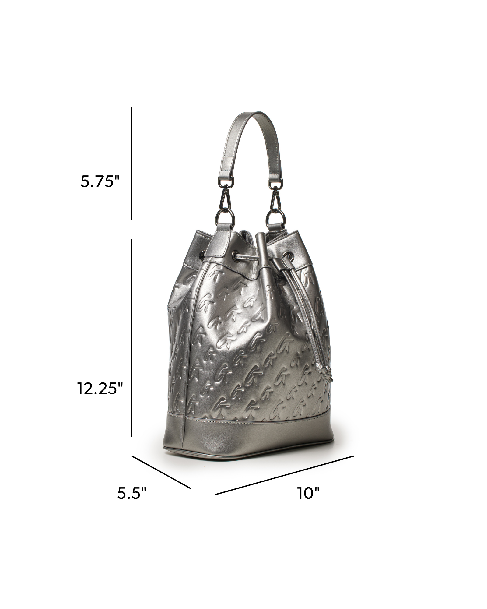 Large platinum monogram bucket bag featuring a sleek design with adjustable straps and a spacious interior.