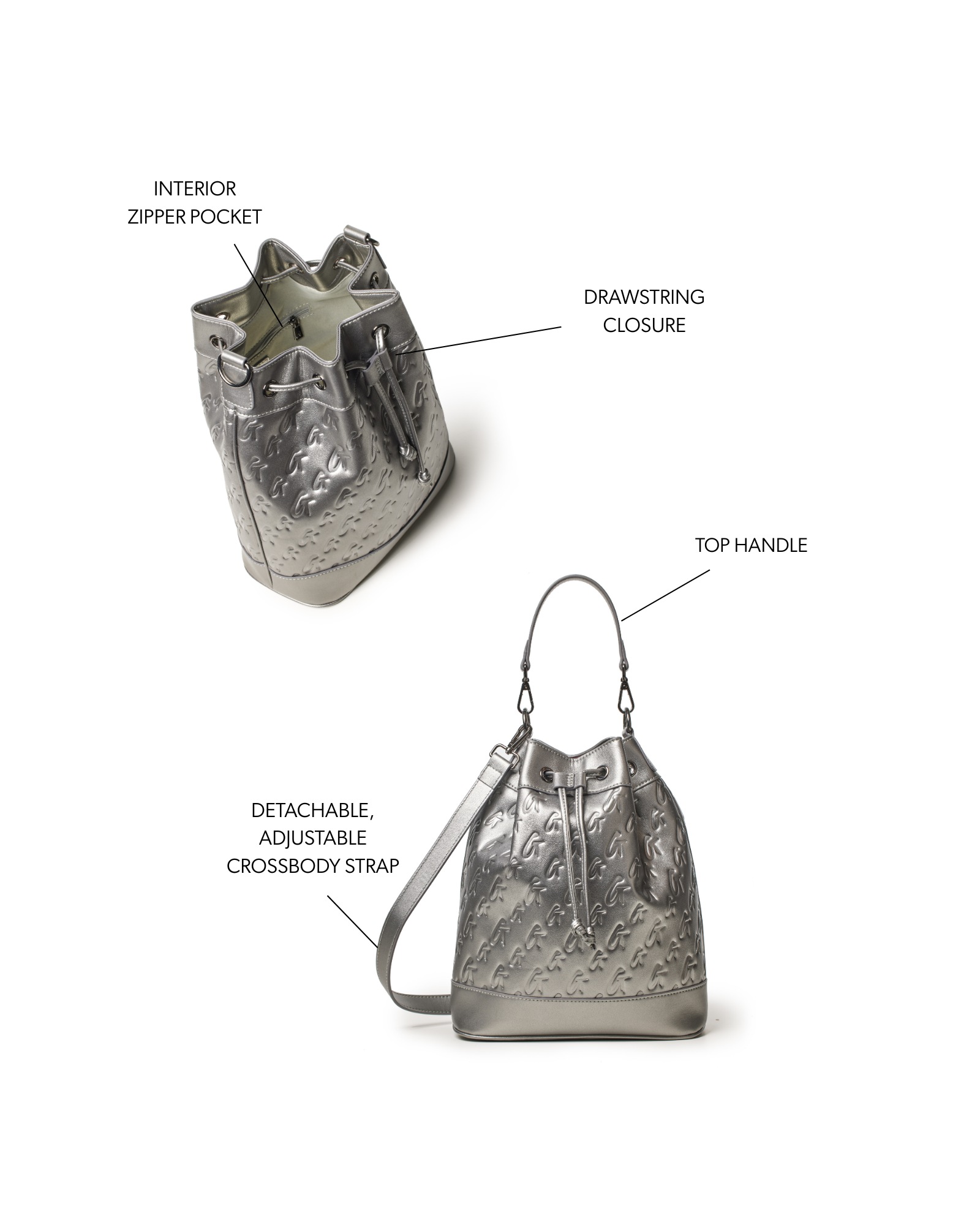 Large platinum monogram bucket bag featuring a drawstring closure, top handle, and adjustable crossbody strap.