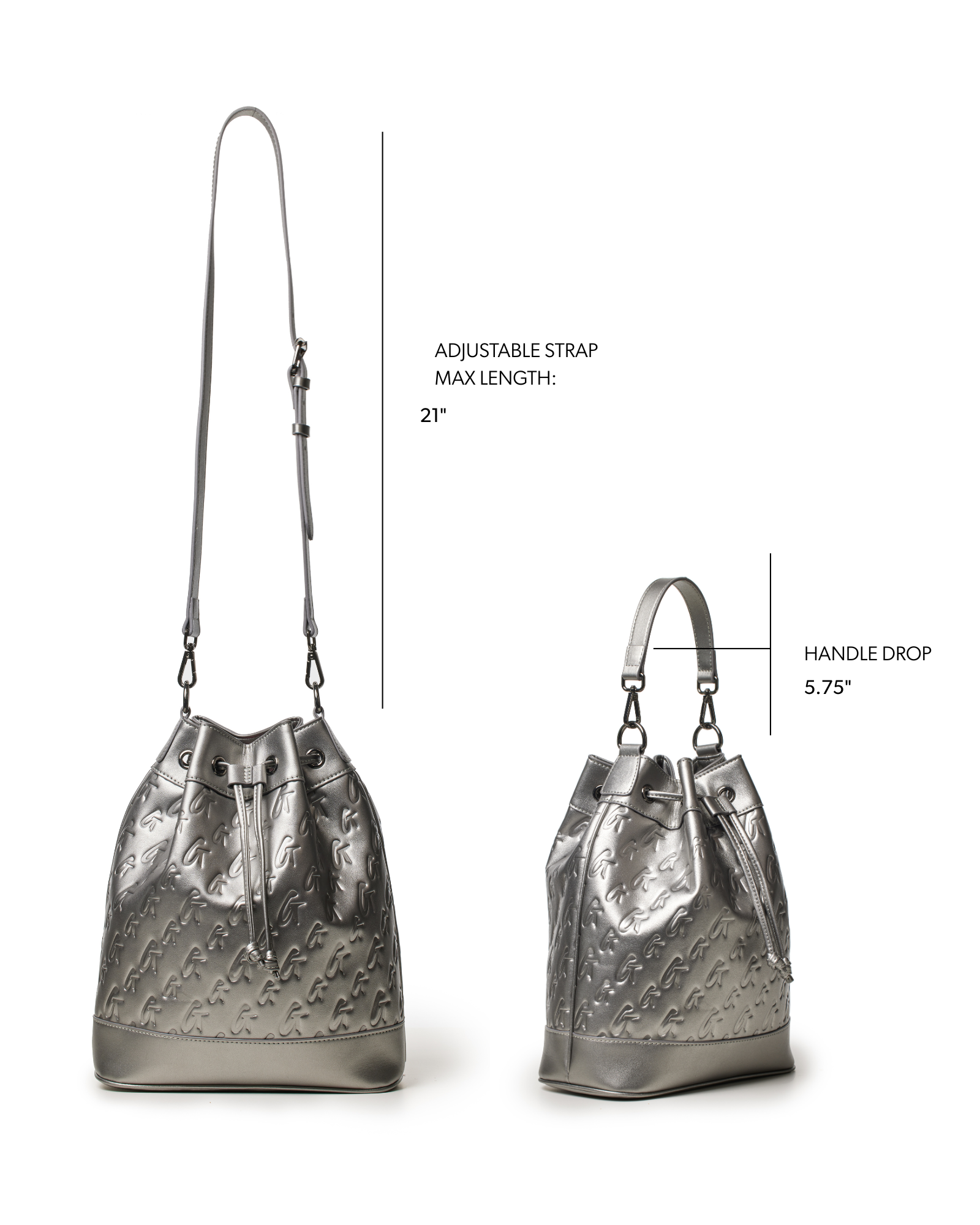 Large platinum monogram bucket bag with adjustable strap and stylish design, perfect for affordable luxury.