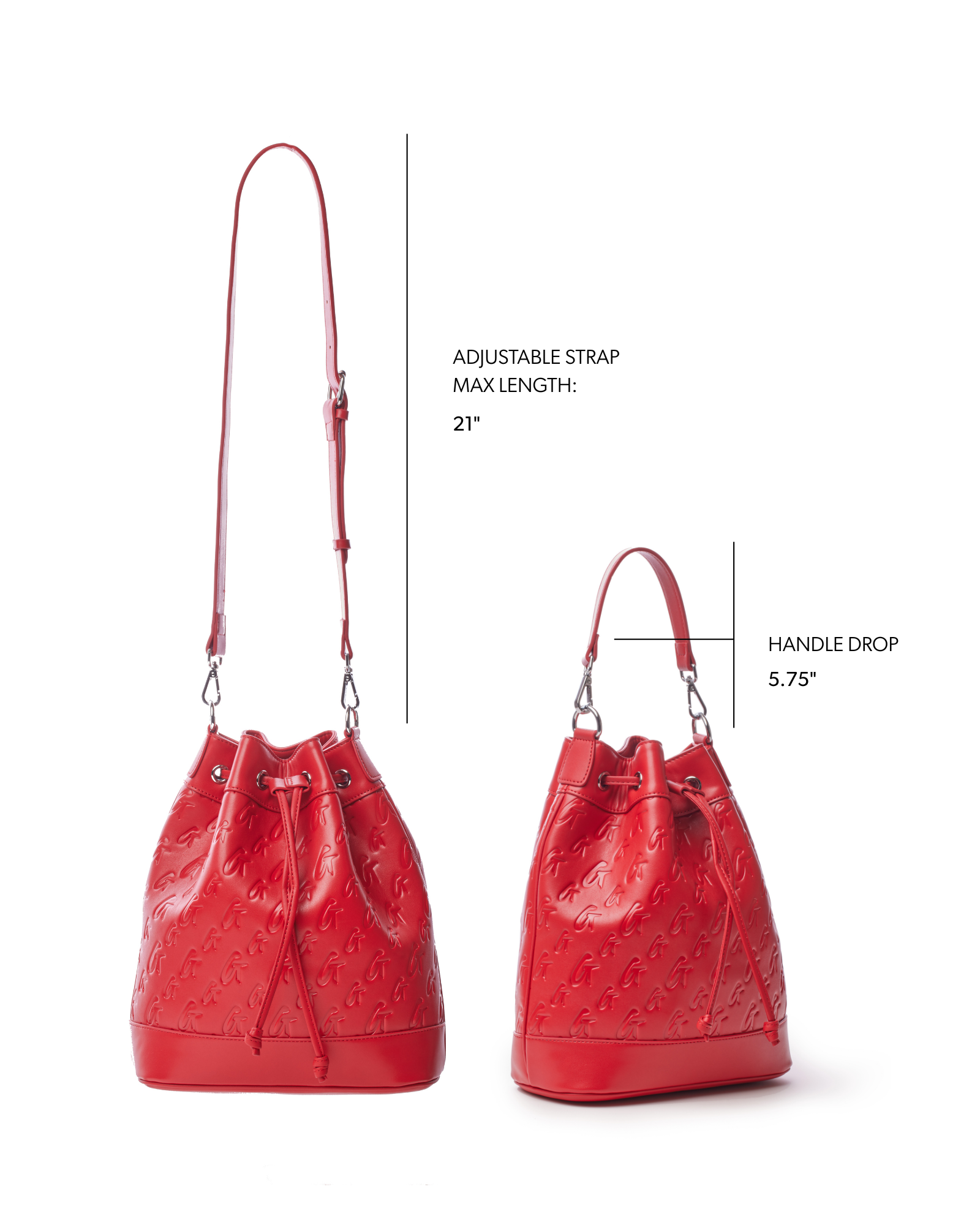 Large red monogram bucket bag with adjustable strap and 5.75-inch handle drop, perfect for stylish everyday use.