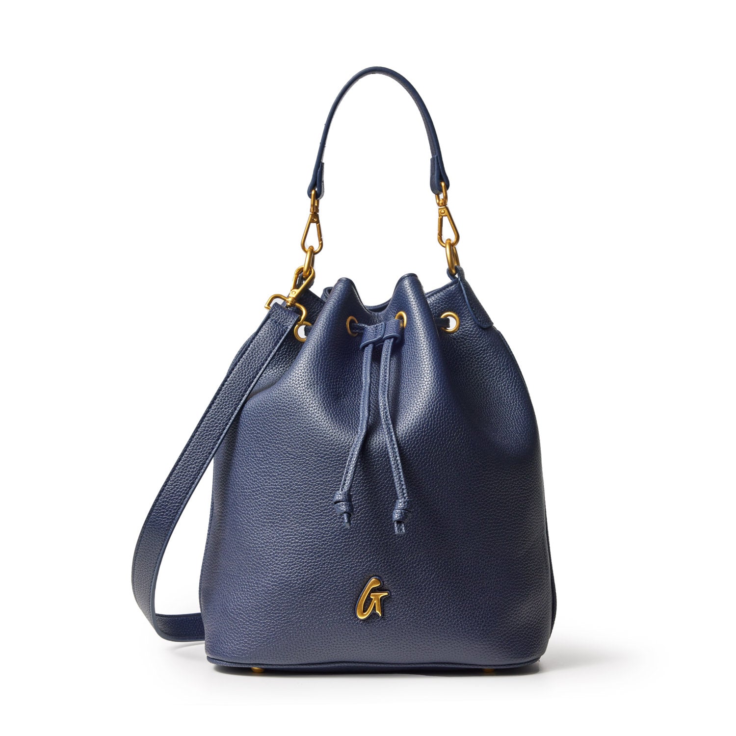 Large navy pebble bucket bag with gold hardware, drawstring closure, and adjustable shoulder strap.