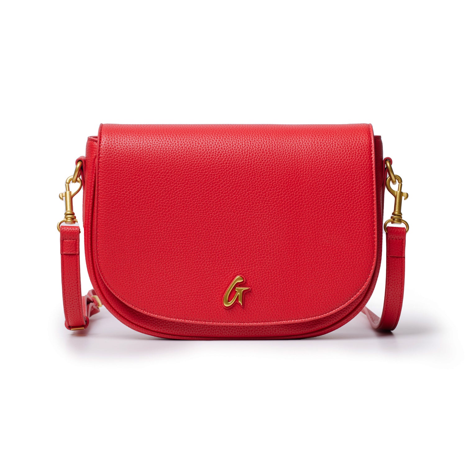 Red large pebble shoulder bag with gold hardware and a front logo, featuring a curved shape and adjustable strap.