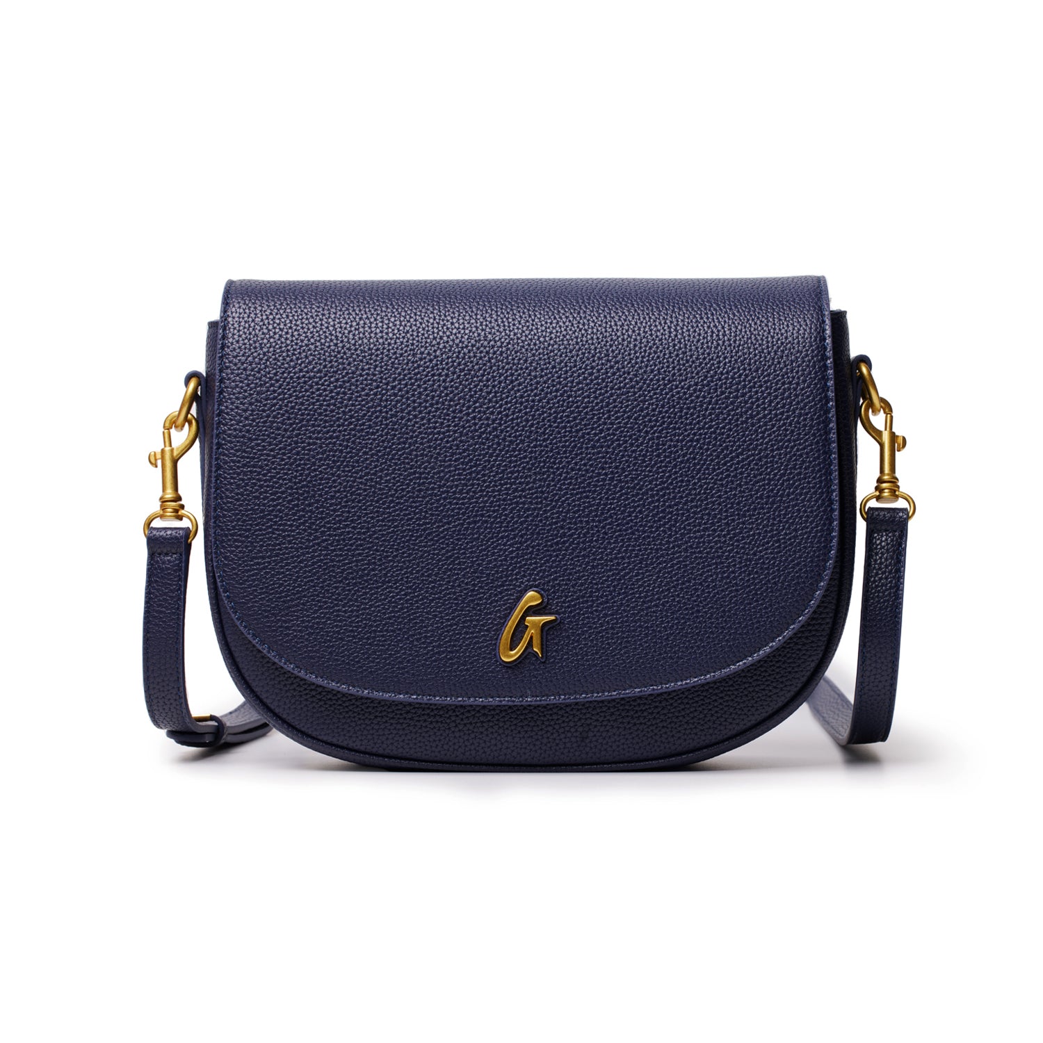 Large navy pebble leather shoulder bag with gold hardware and a detachable strap, featuring a front flap and a gold "G" logo.