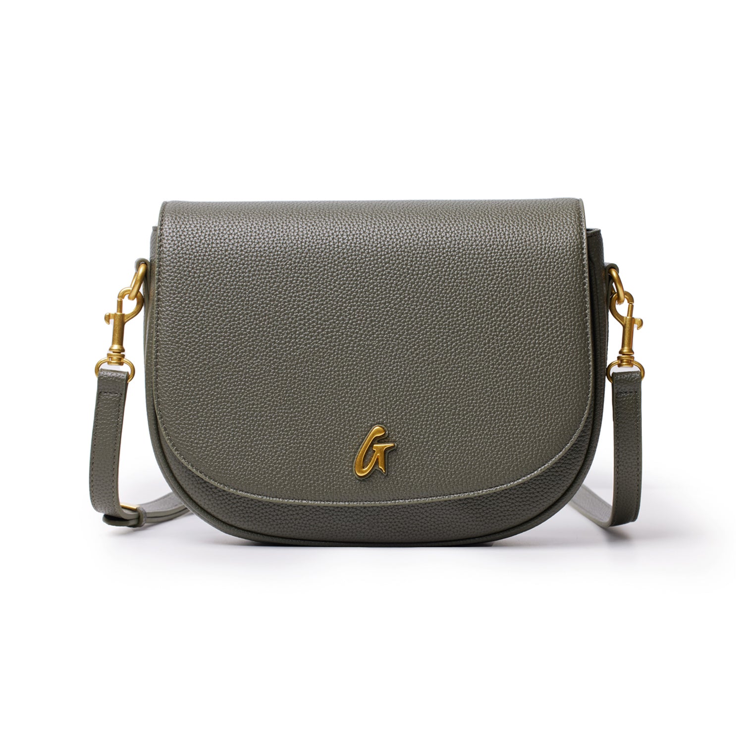 Large olive green pebble shoulder bag with gold hardware and a front logo, featuring a textured leather finish and adjustable strap.