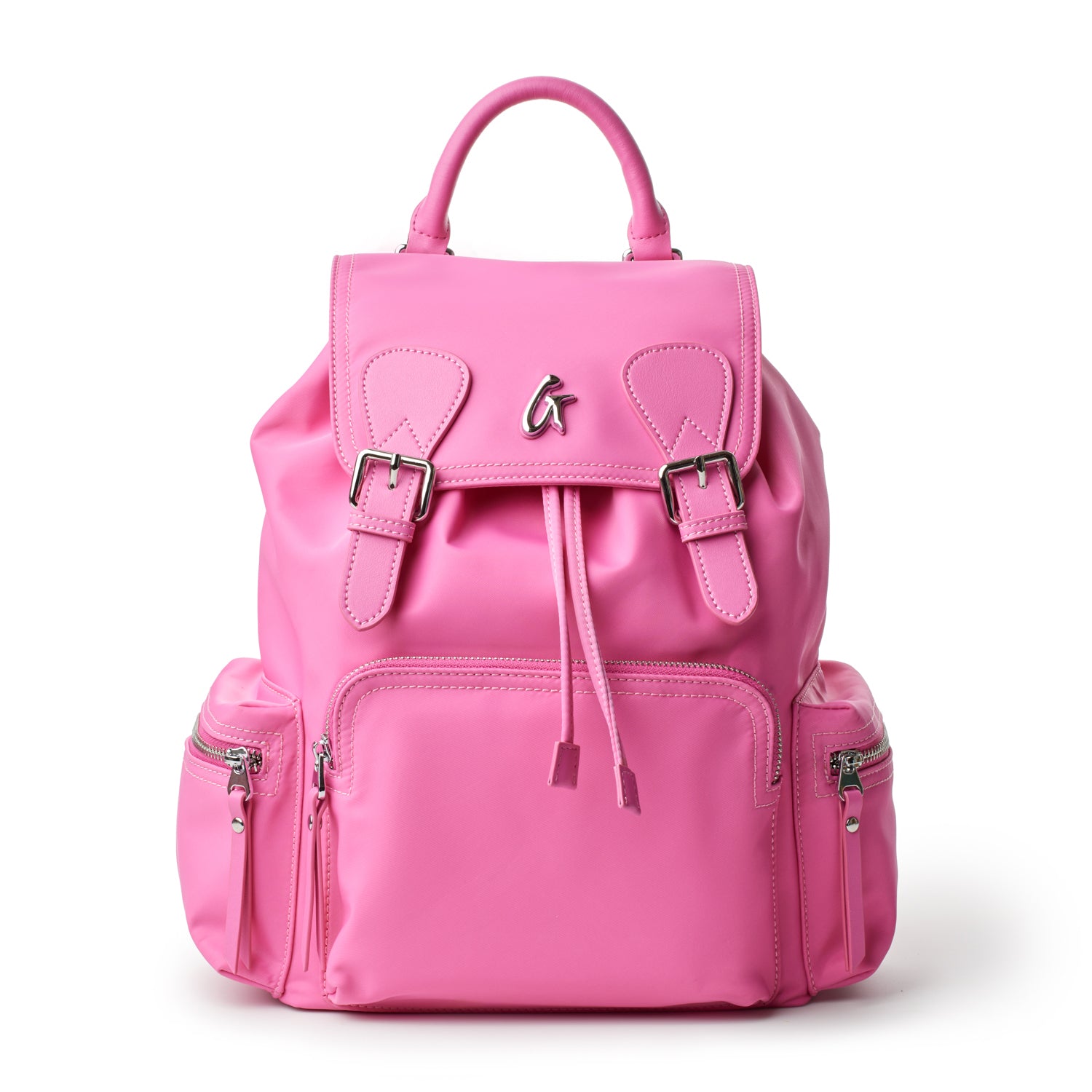 Pink nylon backpack with multiple zippered compartments, adjustable straps, and a top handle for versatile carrying.