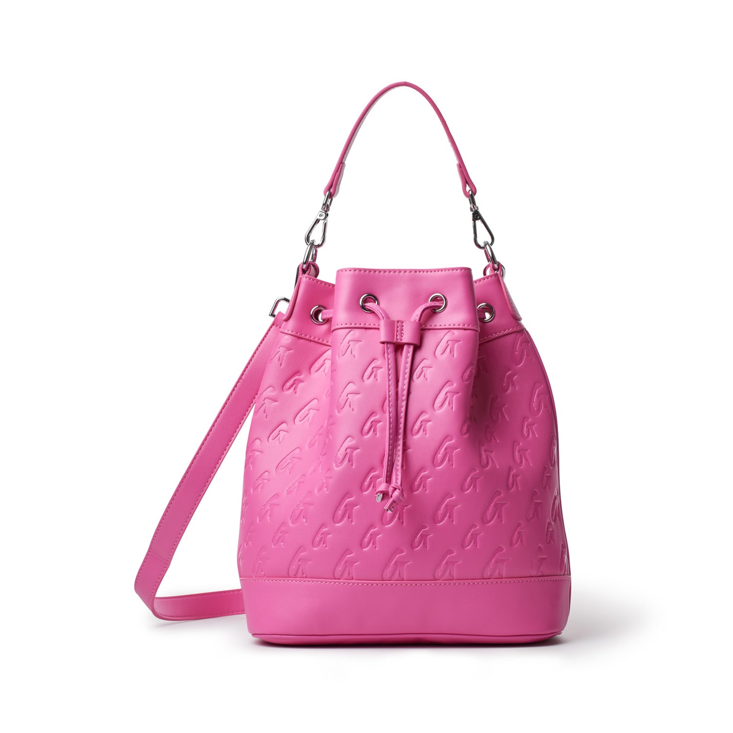 Large hot pink monogram bucket bag with embossed logo pattern, adjustable strap, and drawstring closure.