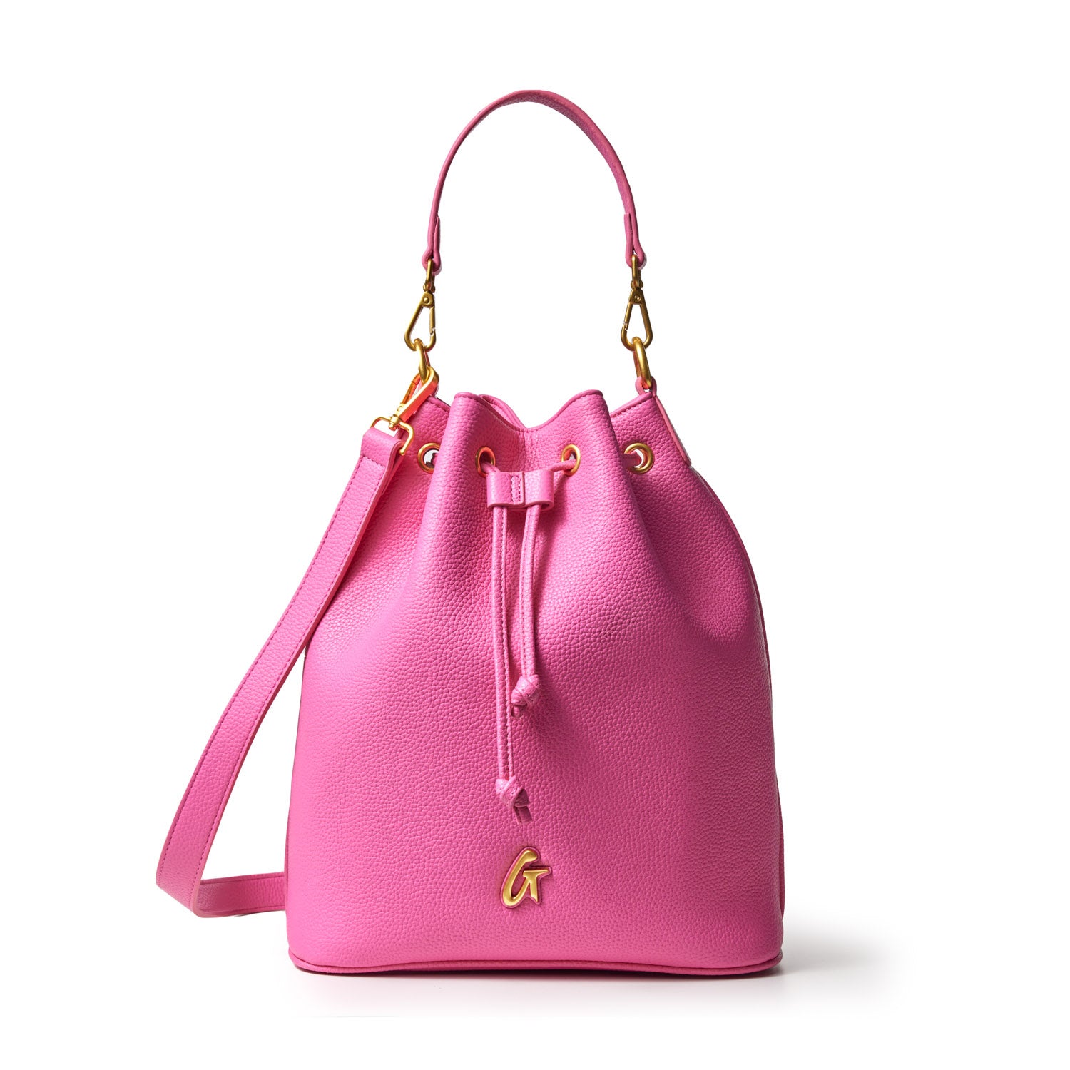 Large hot pink pebble bucket bag with gold hardware, adjustable strap, and drawstring closure.