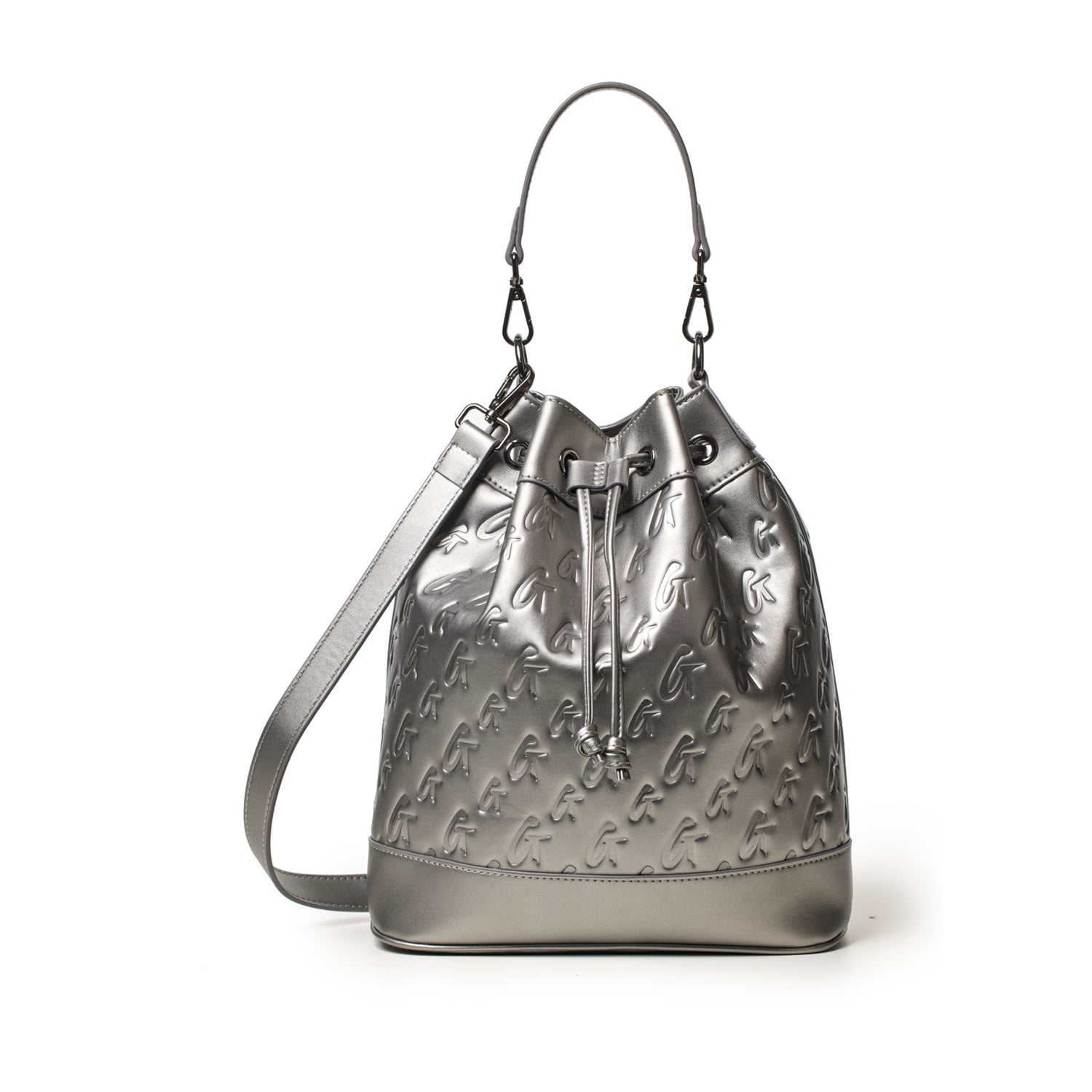 Large platinum monogram bucket bag with embossed logo pattern, drawstring closure, and adjustable shoulder strap.
