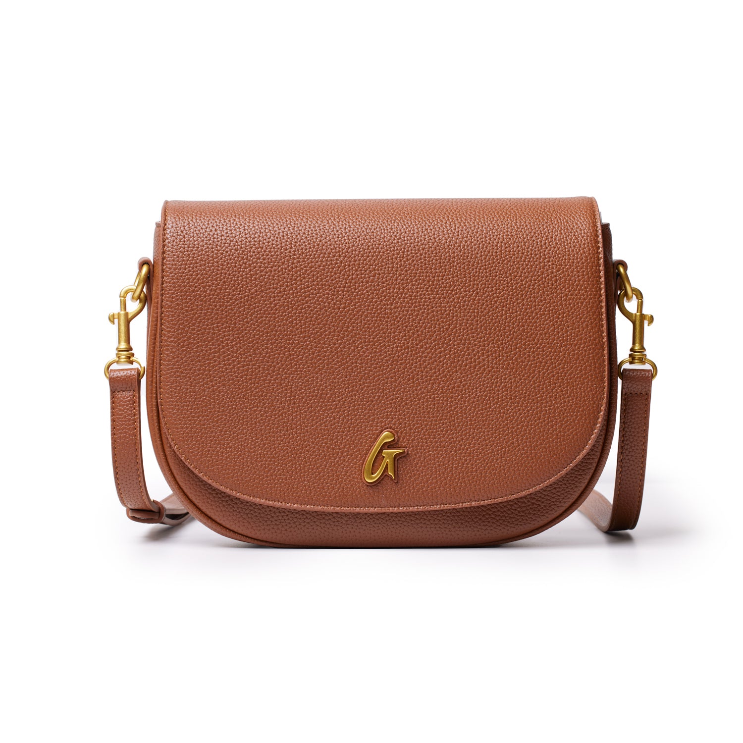 Large brown pebble shoulder bag with gold hardware and a front logo, featuring a curved flap design.