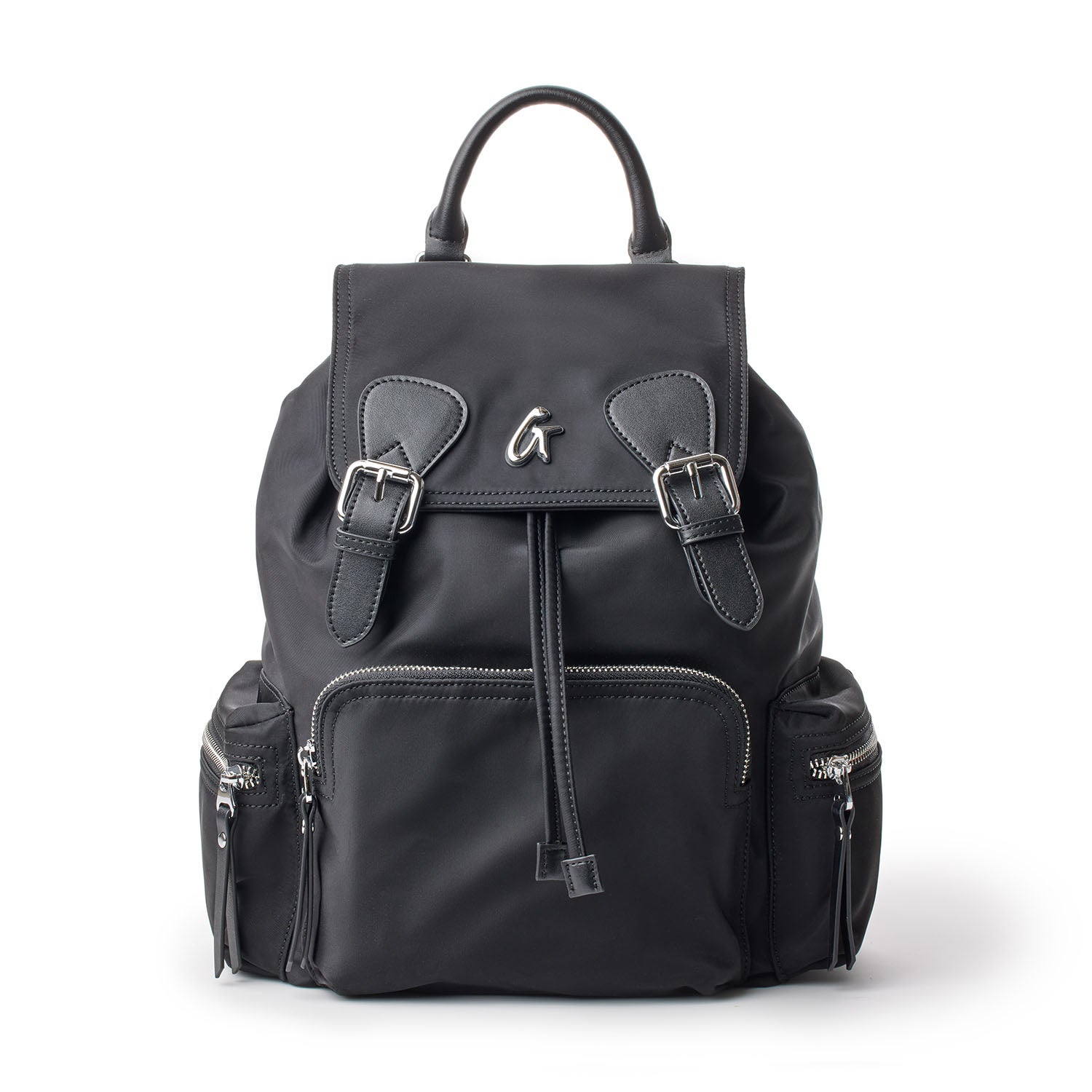 Black nylon backpack with multiple zippered compartments, adjustable straps, and a top handle for carrying.