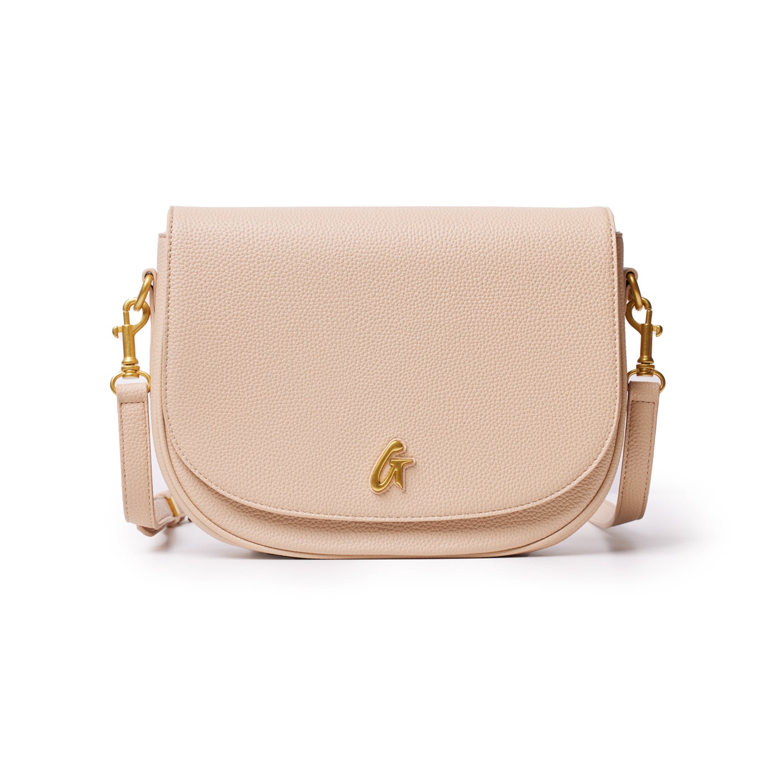 Large pebble shoulder bag in nude color with gold hardware and a front logo, featuring a textured, rounded flap design.