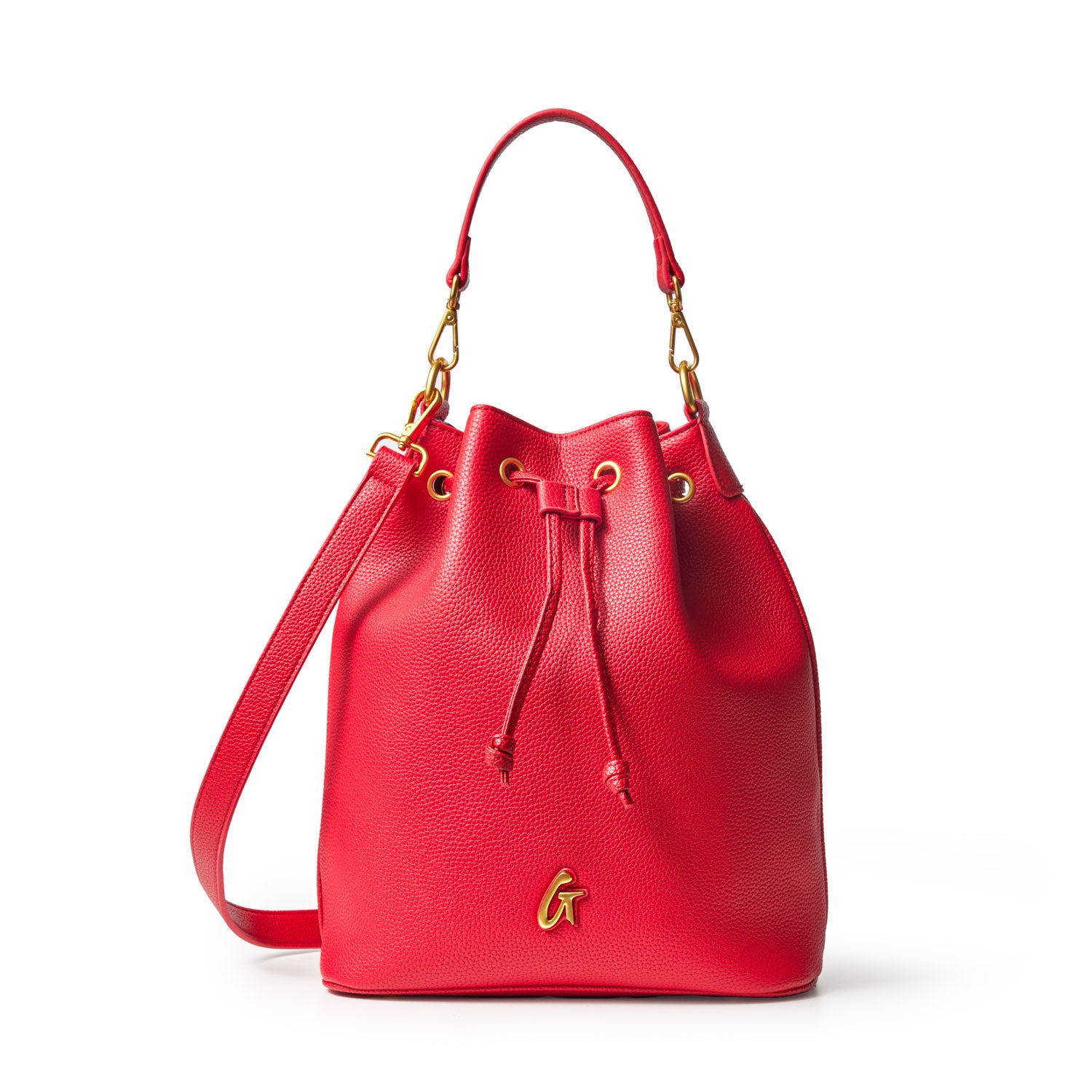 Large red pebble-textured bucket bag with gold hardware, adjustable strap, and drawstring closure.