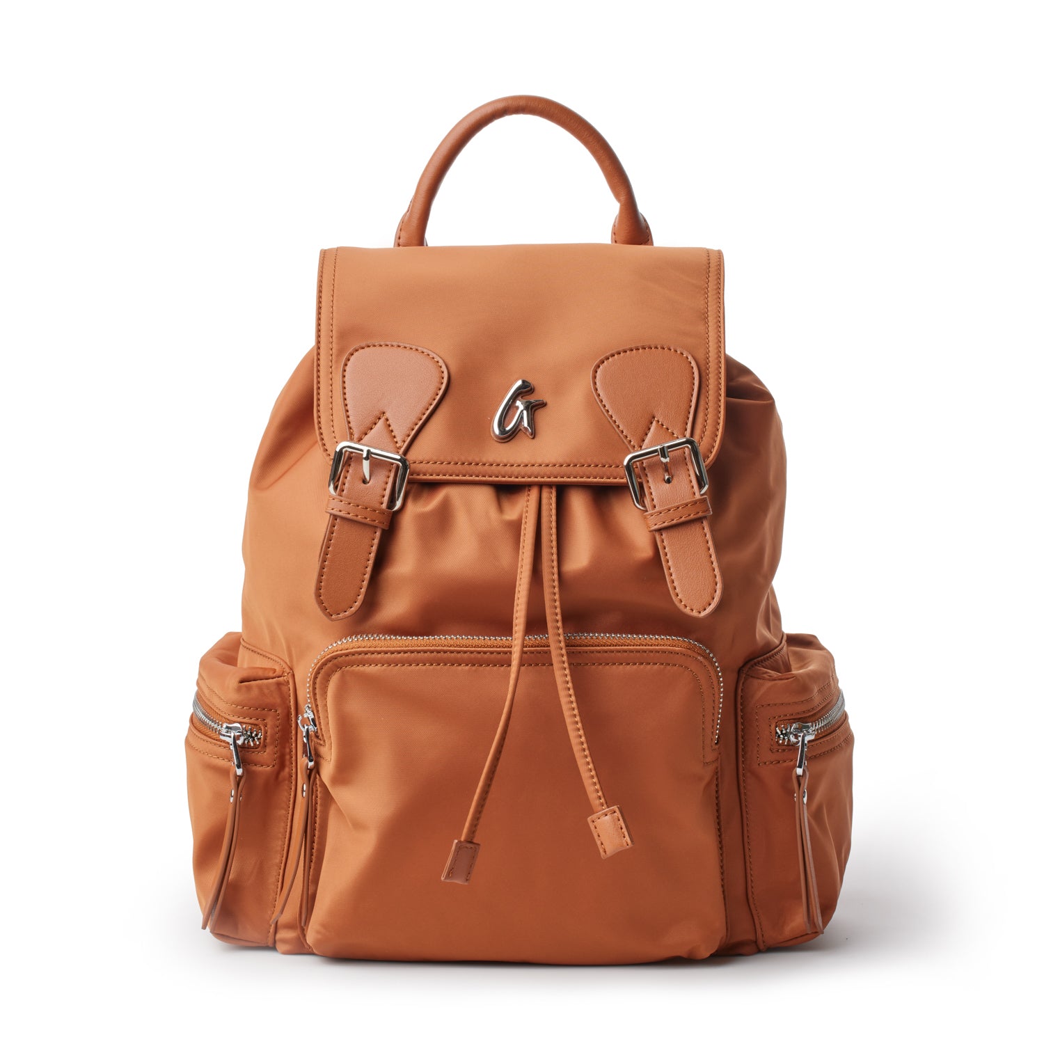 Brown nylon backpack with multiple zippered compartments, adjustable straps, and a top handle for carrying.