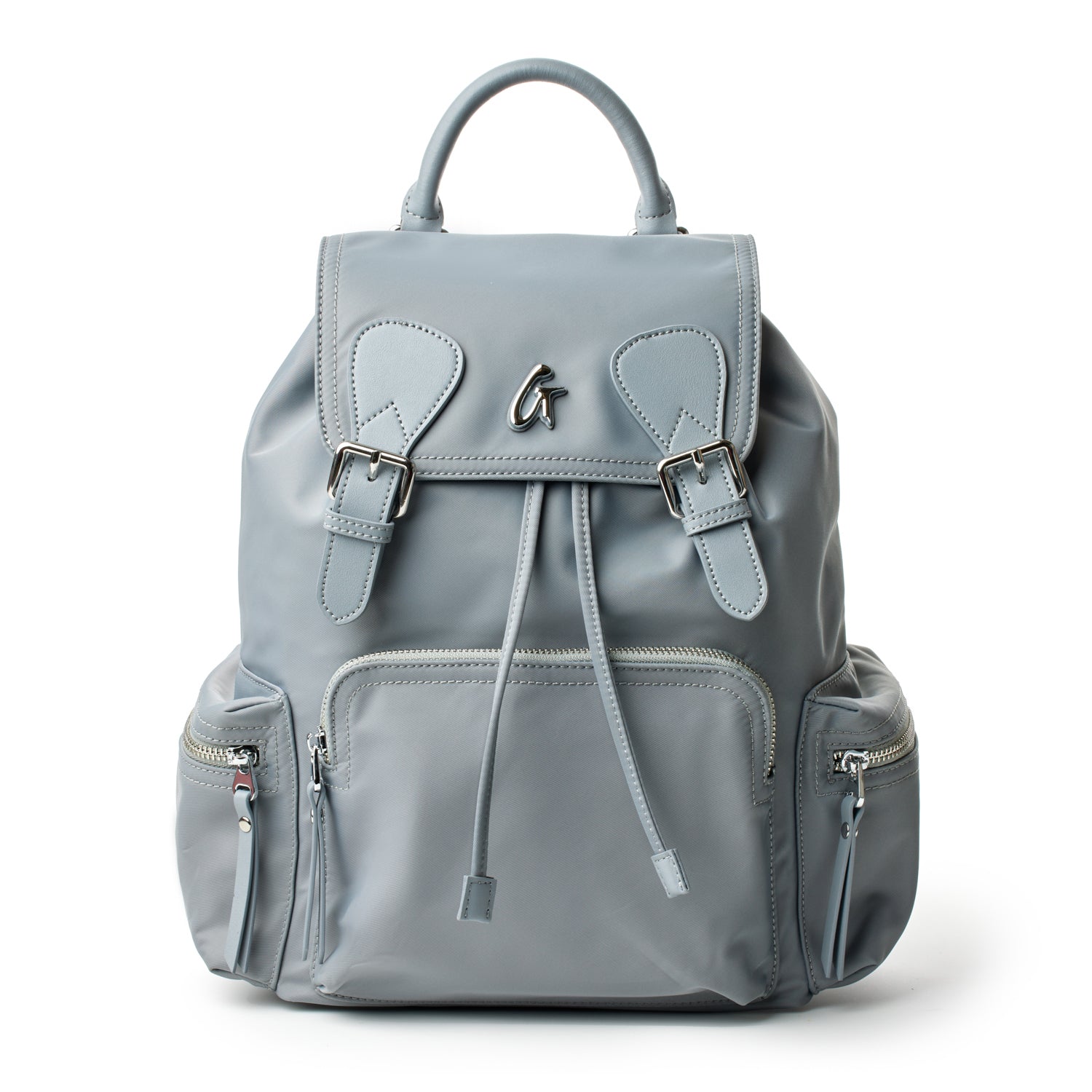 Gray nylon backpack with front zip pockets, buckle straps, top handle, and adjustable shoulder straps.