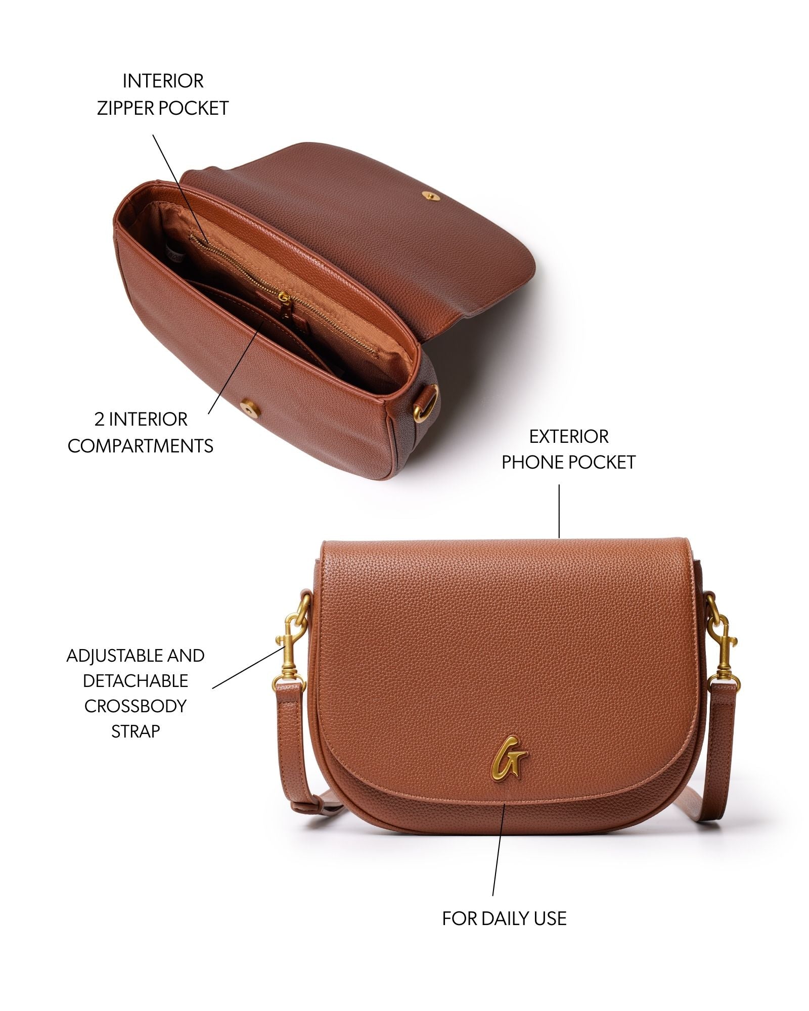 Brown large pebble shoulder bag featuring adjustable crossbody strap, exterior phone pocket, and multiple interior compartments.