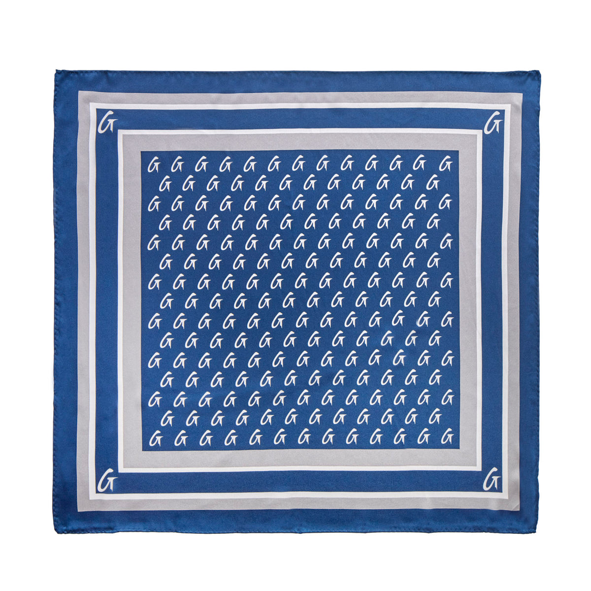 Navy medium monogram silk scarf featuring a repeating logo pattern and elegant border design for stylish accessorizing.
