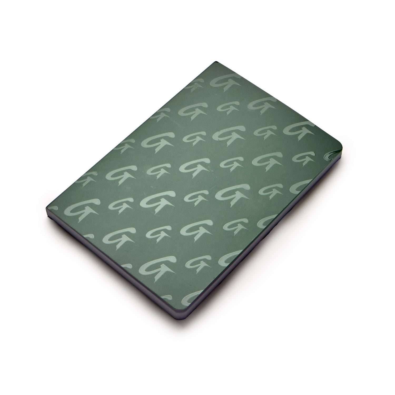 Green monogram notebook featuring a stylish pattern, perfect for jotting down notes and ideas in luxury.