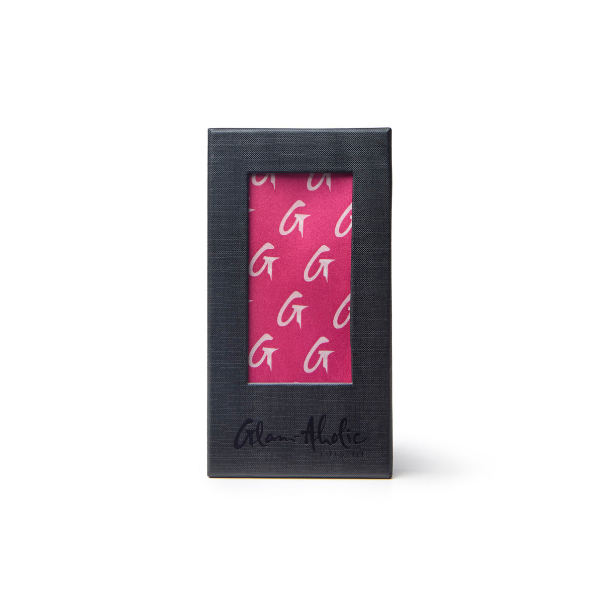 Hot pink silk scarf featuring a monogram design, elegantly packaged in a sleek black box by Glam-Aholic Lifestyle.