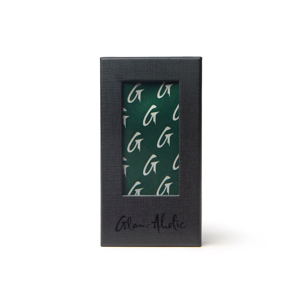 Green medium silk scarf featuring a monogram pattern, elegantly packaged in a sleek black box by Glam-Aholic.