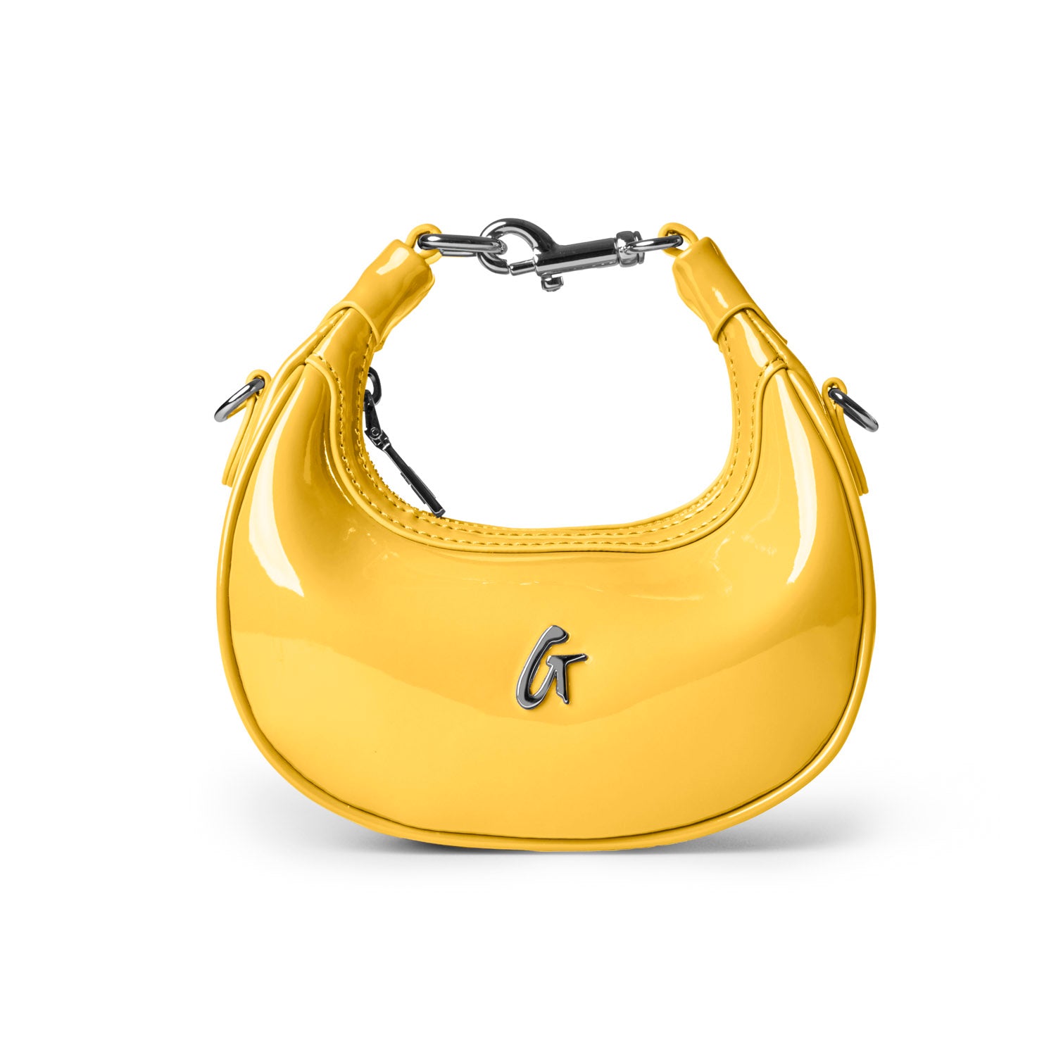 Shiny yellow hobo bag with a sleek design and silver hardware, perfect for adding a pop of color to any outfit.
