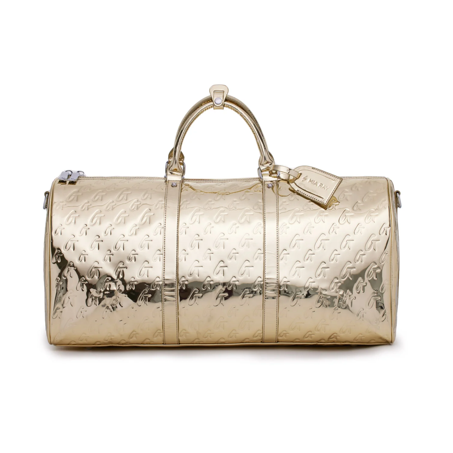 Metallic gold duffle bag with embossed monogram, featuring dual handles and a detachable tag for stylish travel.