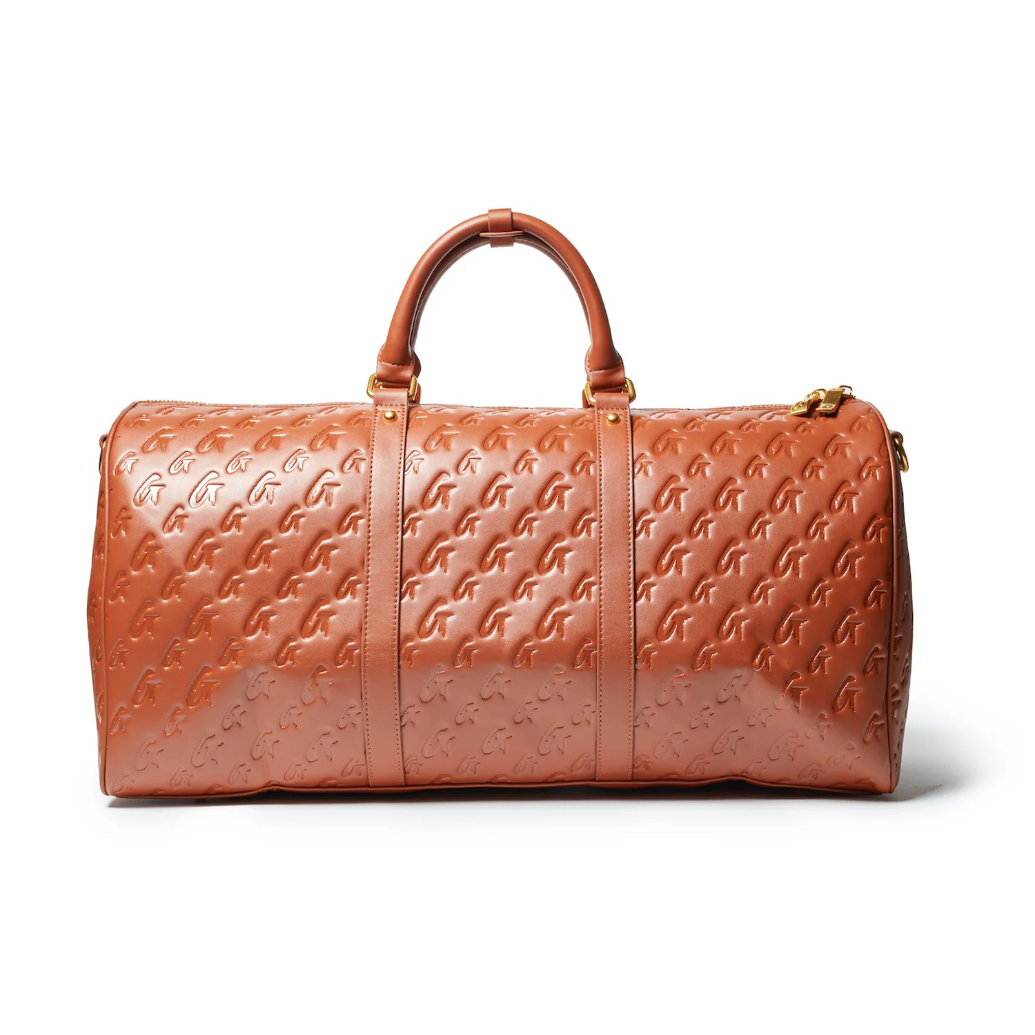 Brown monogram unisex duffle bag featuring embossed logo design and sturdy handles for stylish travel.