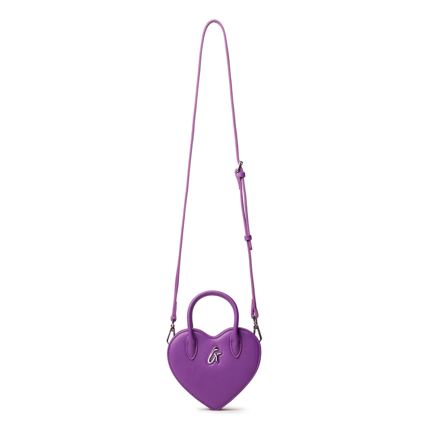 Mini purple heart-shaped bag with a detachable strap and silver logo detail, perfect for stylish small accessories.
