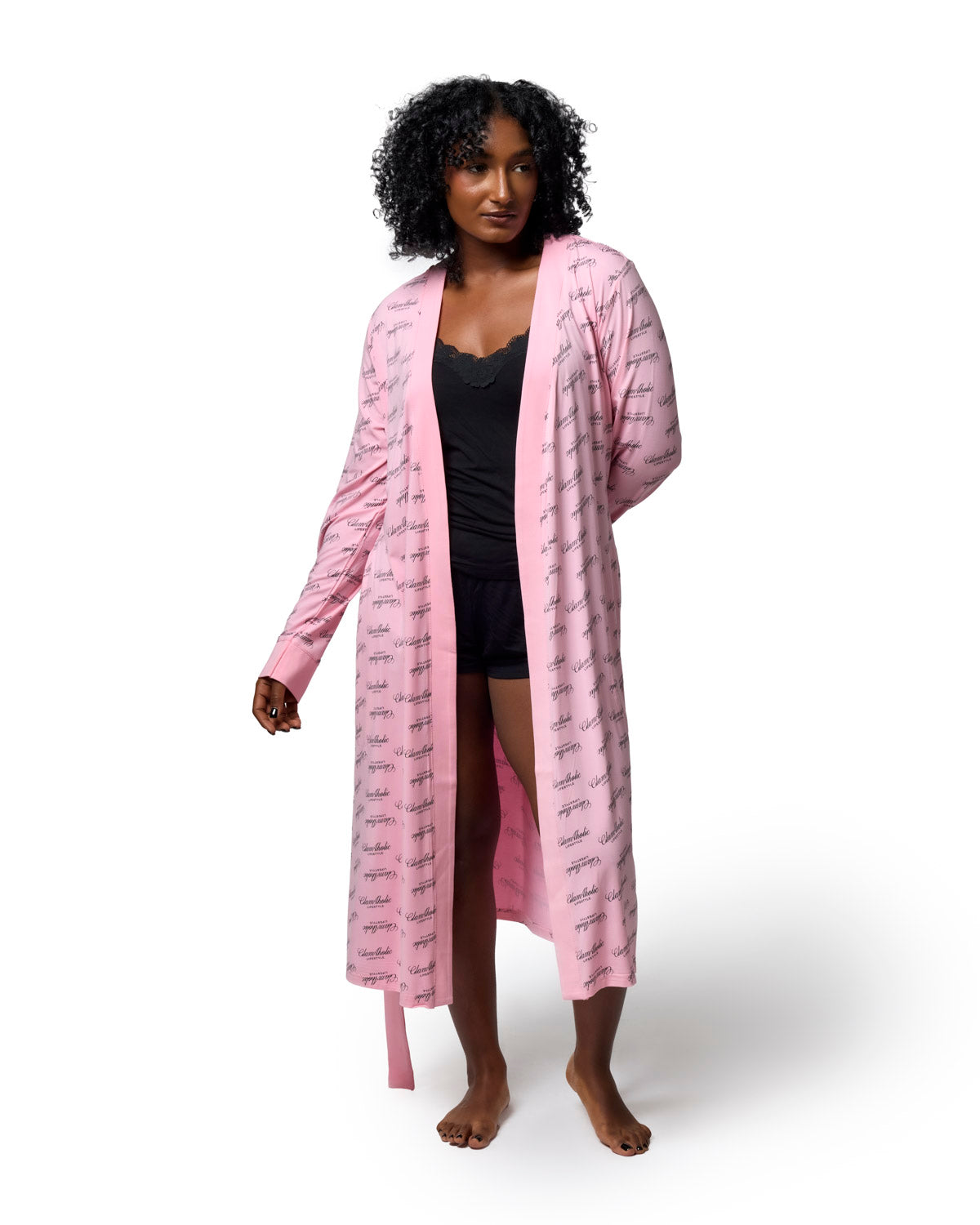 Light pink signature luxe robe featuring a stylish print, perfect for a chic and comfortable look at home.
