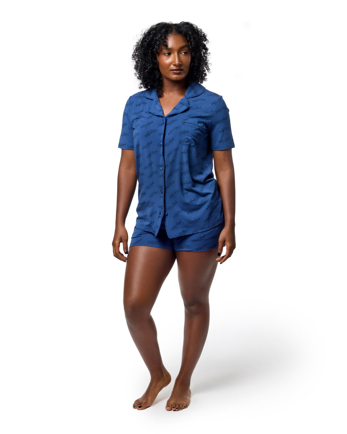Navy pajama short set featuring a stylish print, designed for comfort and luxury in loungewear.