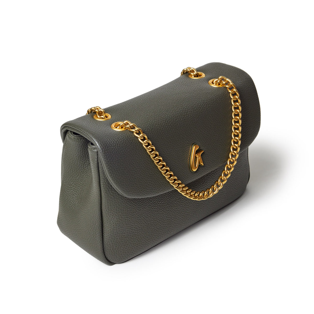 Medium olive green pebble flap bag with a gold chain strap and a gold logo detail on the front.