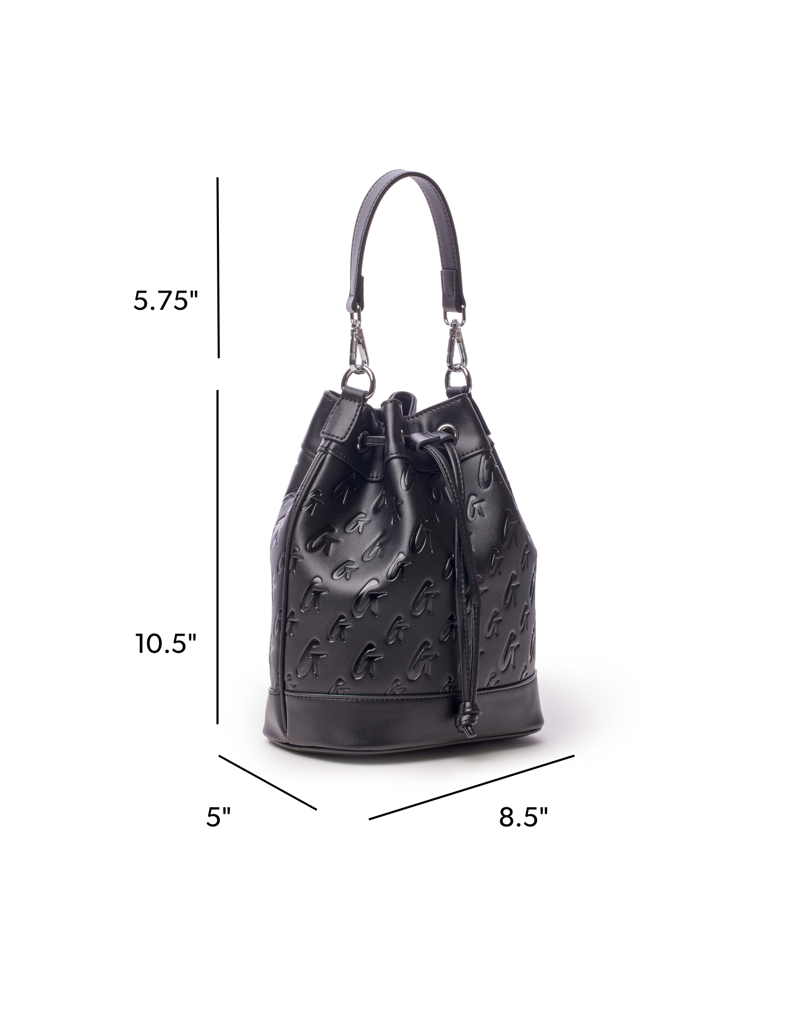Medium black monogram bucket bag featuring a drawstring closure and stylish embossed logo design. Ideal for chic everyday use.