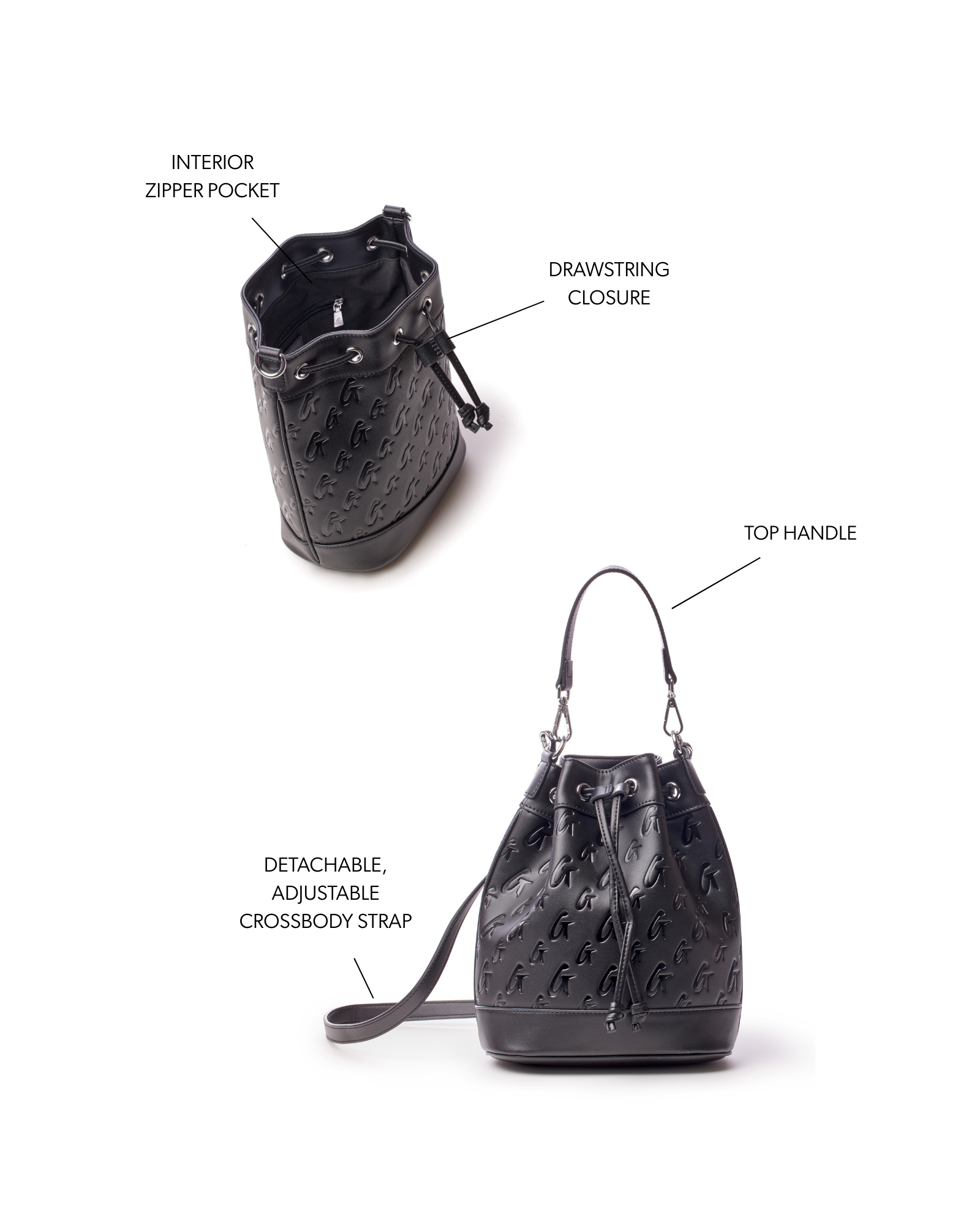 Medium black monogram bucket bag featuring a drawstring closure, top handle, and adjustable crossbody strap.