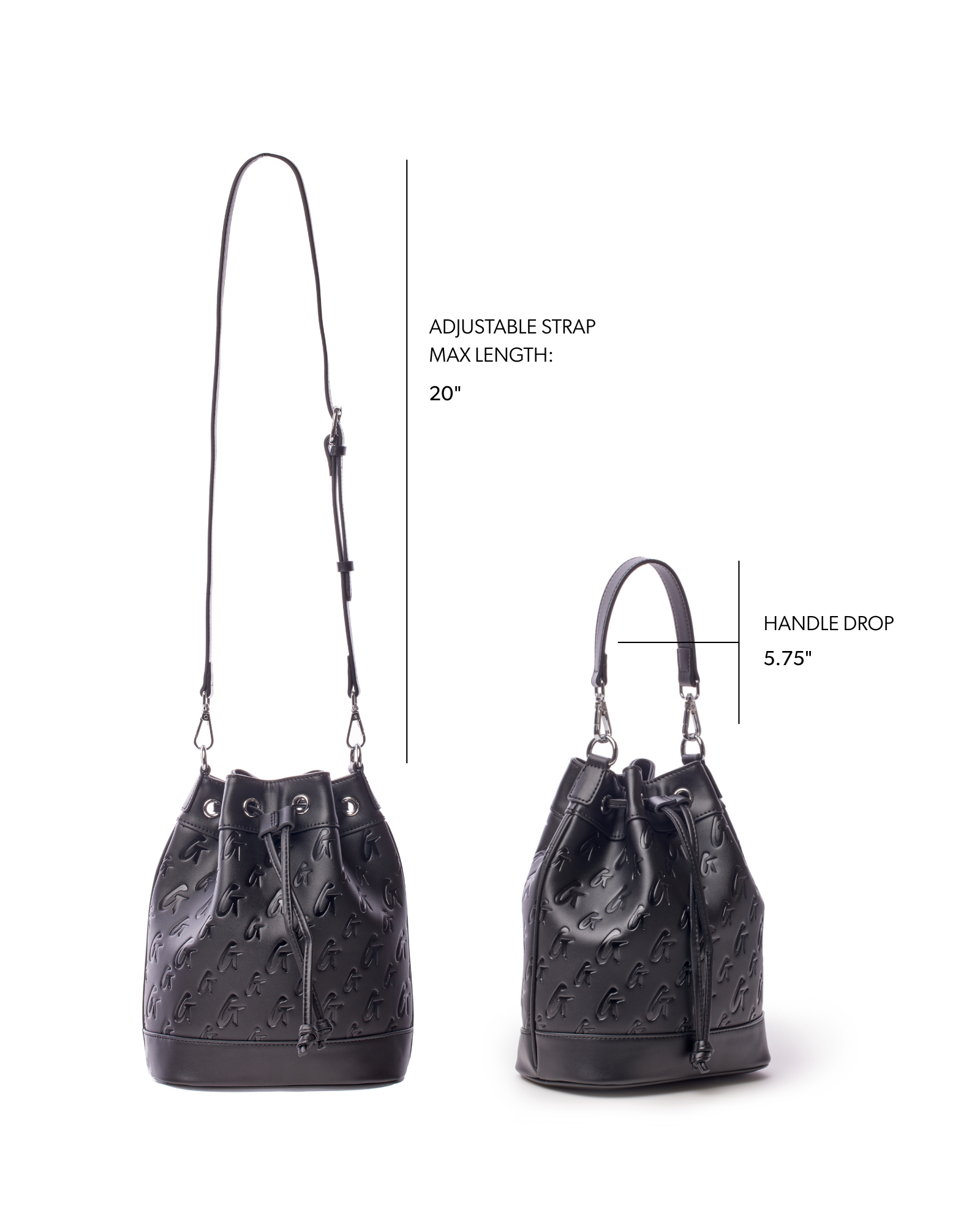 Medium black monogram bucket bag with adjustable strap and dual handle options for versatile styling.