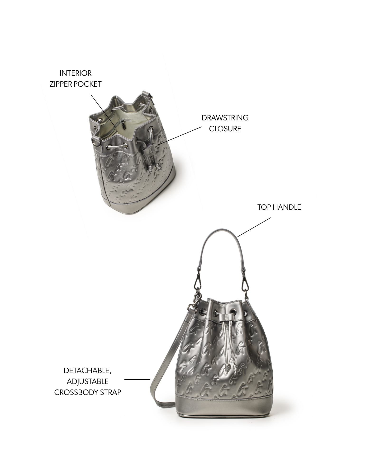 Medium monogram bucket bag in platinum with a drawstring closure, top handle, and adjustable crossbody strap.