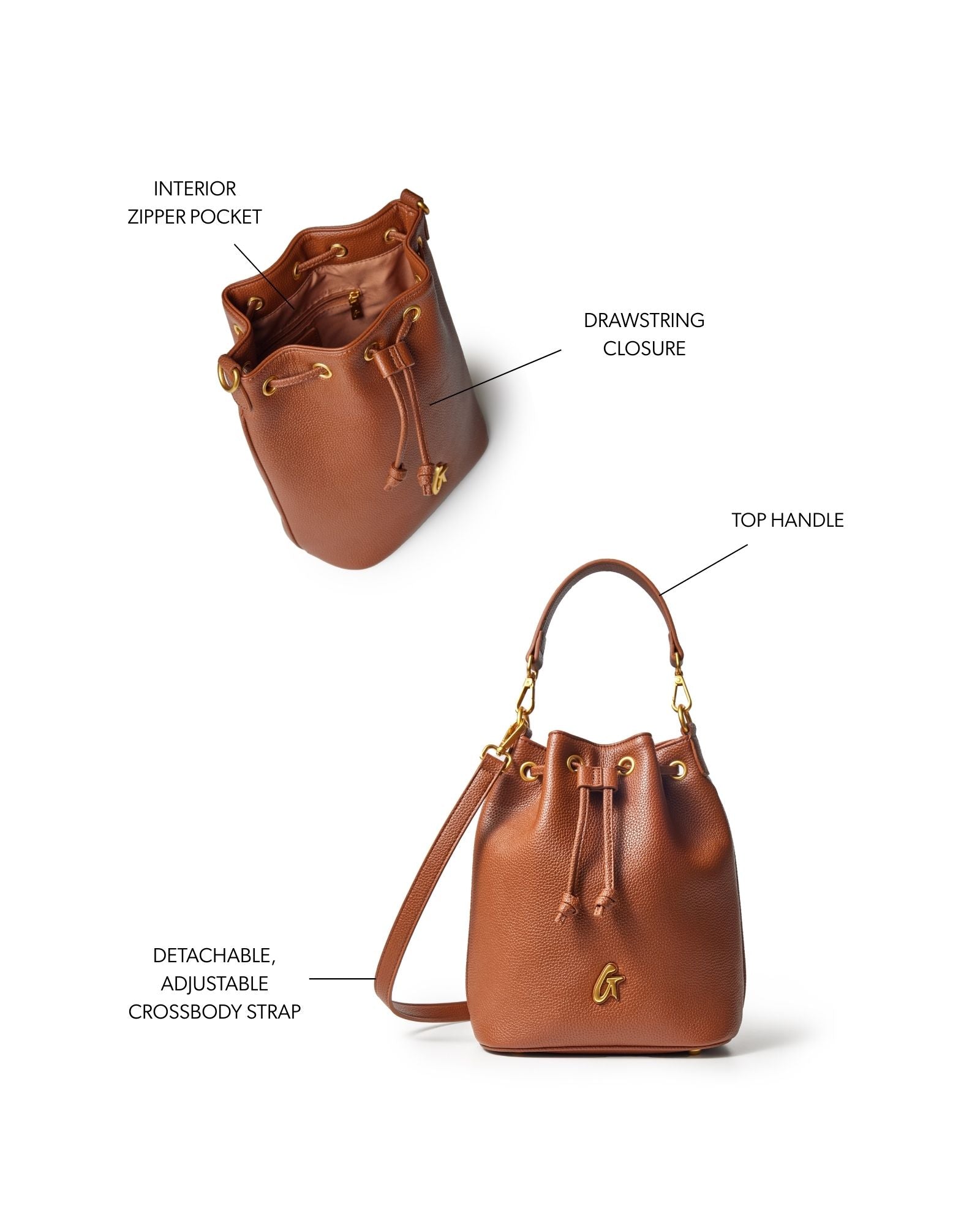 Medium brown pebble bucket bag featuring a drawstring closure, top handle, and detachable adjustable crossbody strap.