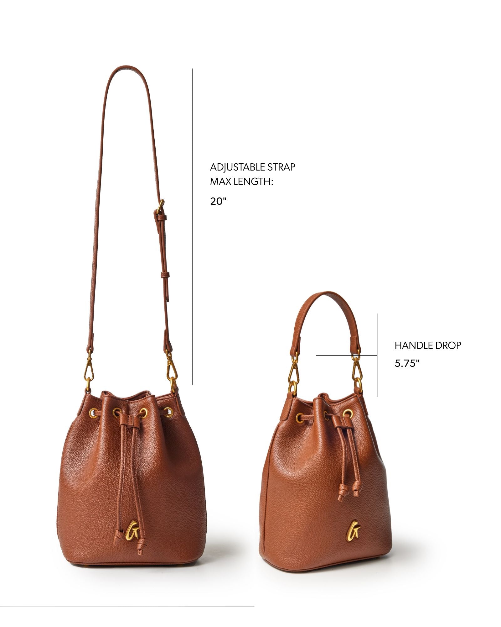 Medium brown pebble bucket bag with adjustable strap and drawstring closure, perfect for stylish everyday use.
