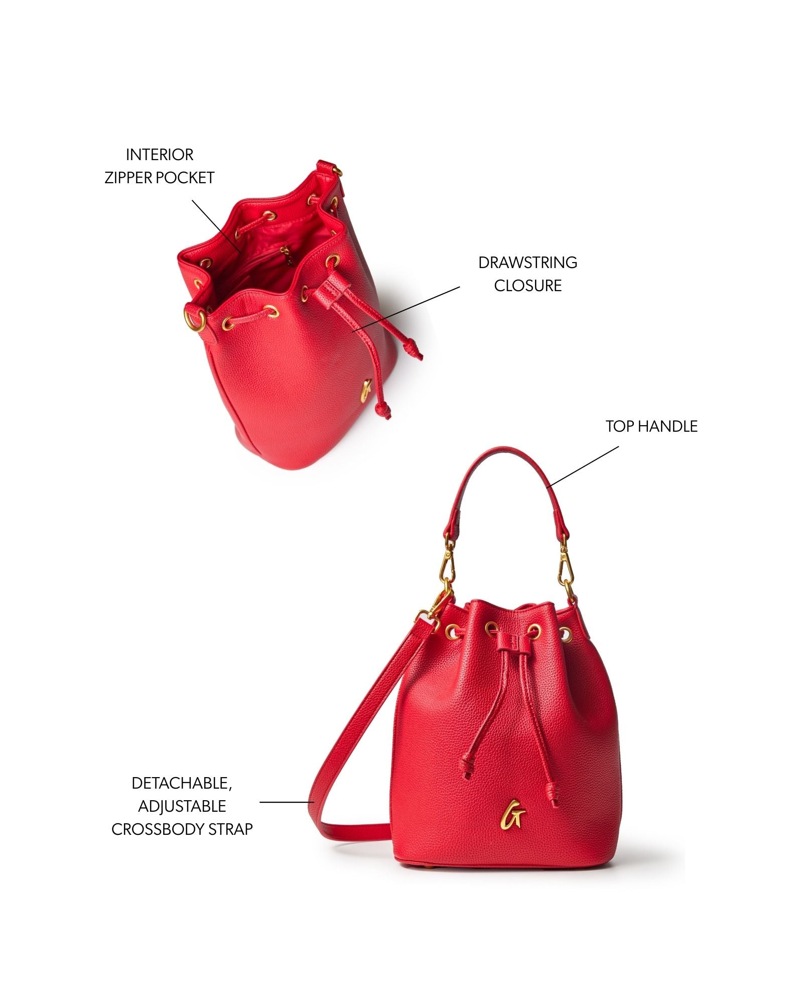 Medium red pebble bucket bag featuring a drawstring closure, top handle, and adjustable crossbody strap.