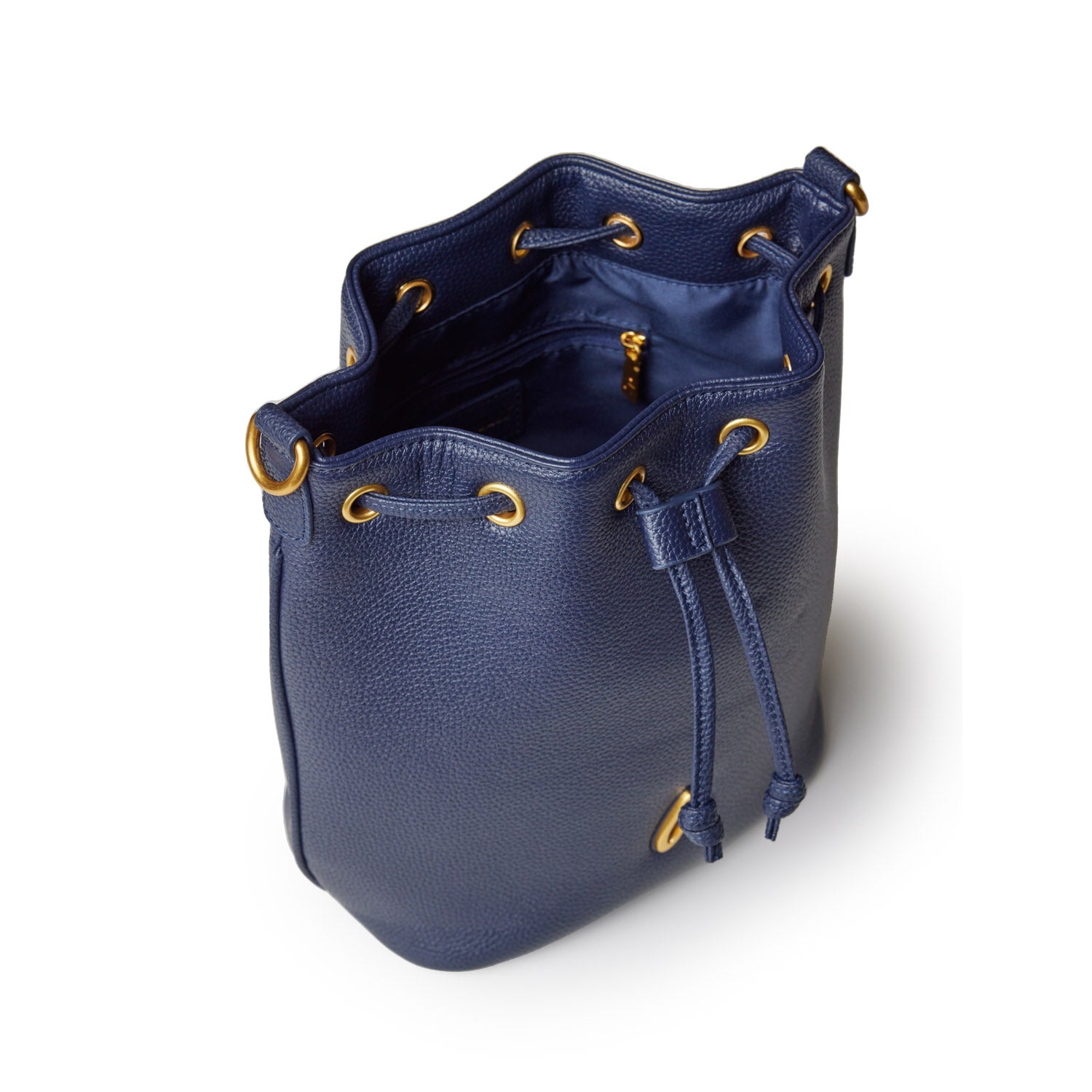 Medium navy pebble bucket bag with gold-tone eyelet accents, drawstring closure, and interior zip pocket.